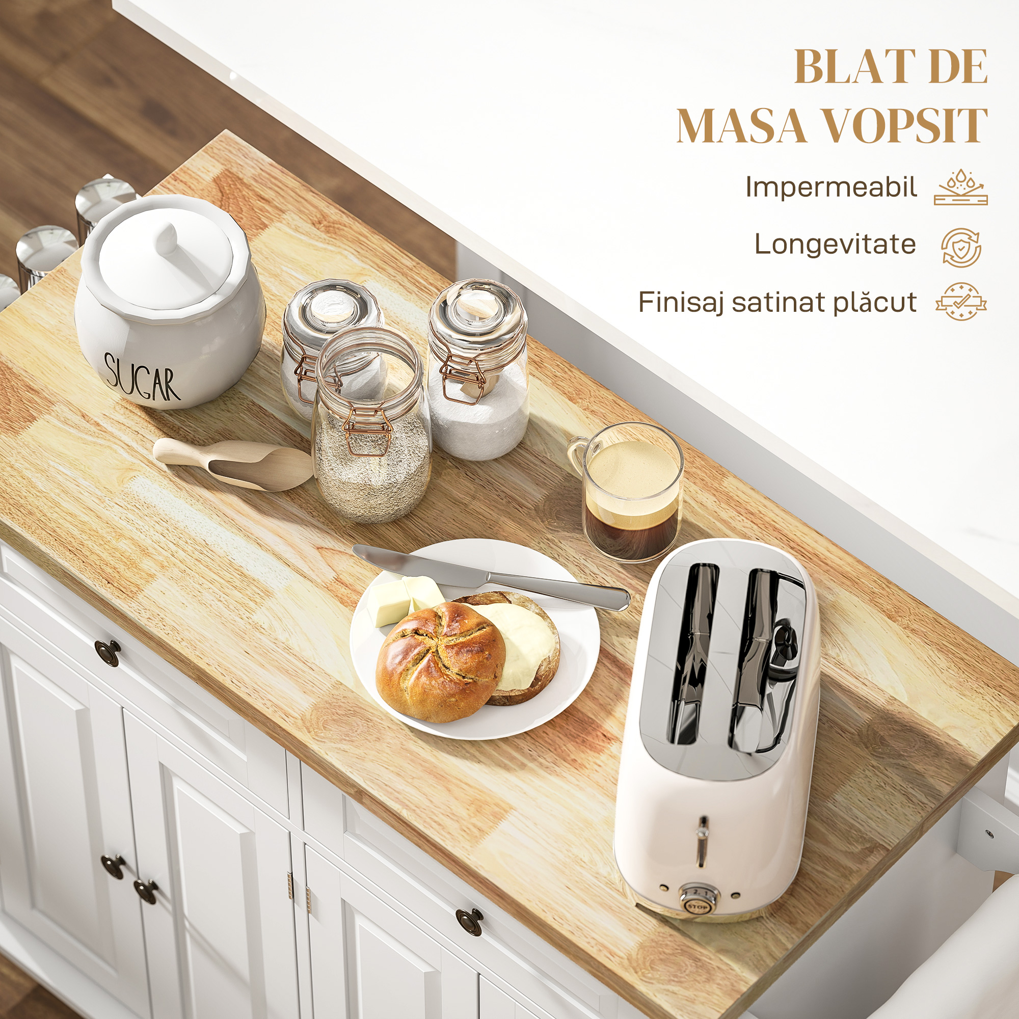  Carucior de bucatarie cu sertare dulapuri cu condimente si 4 roti din lemn [5]