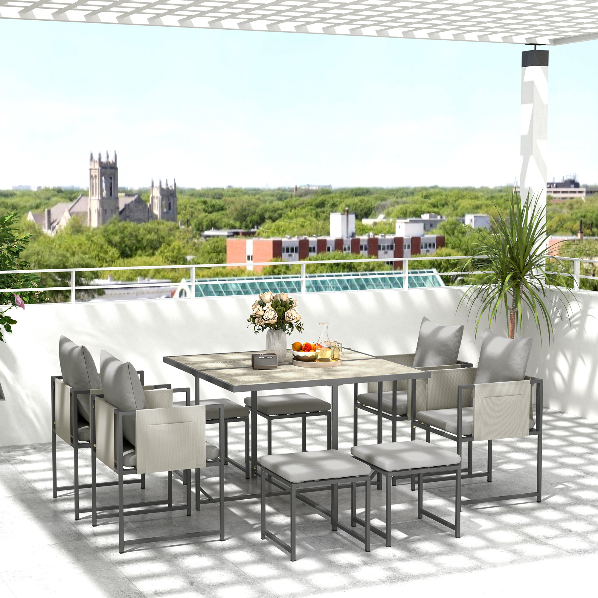  Set Mobilier de Gradina din 9 Piese cu Masa, 4 Fotolii si 4 Scaune, 110x110x75 cm, Gri [1]