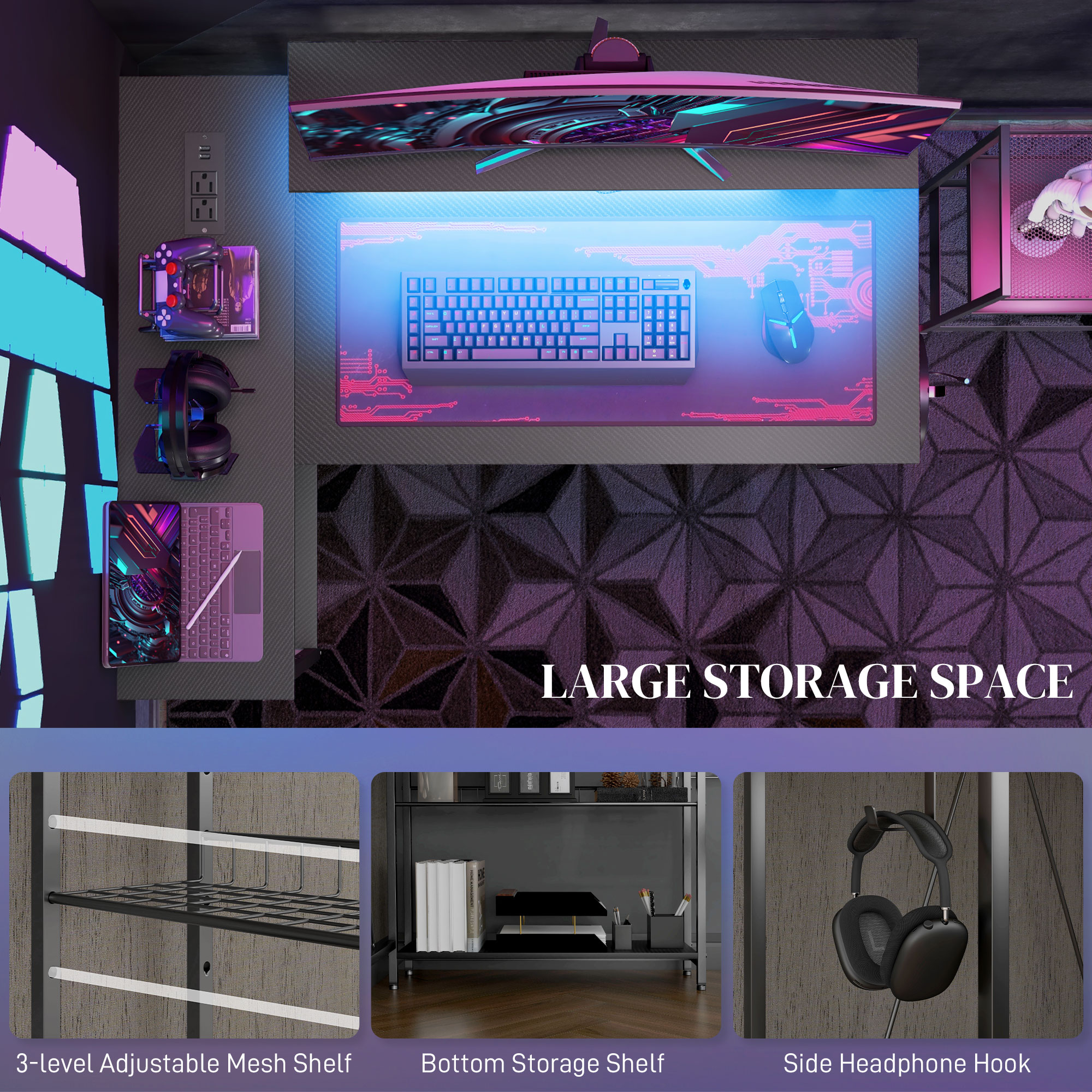  Birou de Gaming cu LED si Rafturi, Design in Forma de L Reversibil pentru Spatii Mici, Birou PC si Console, 107×80×90 cm, Negru [7]