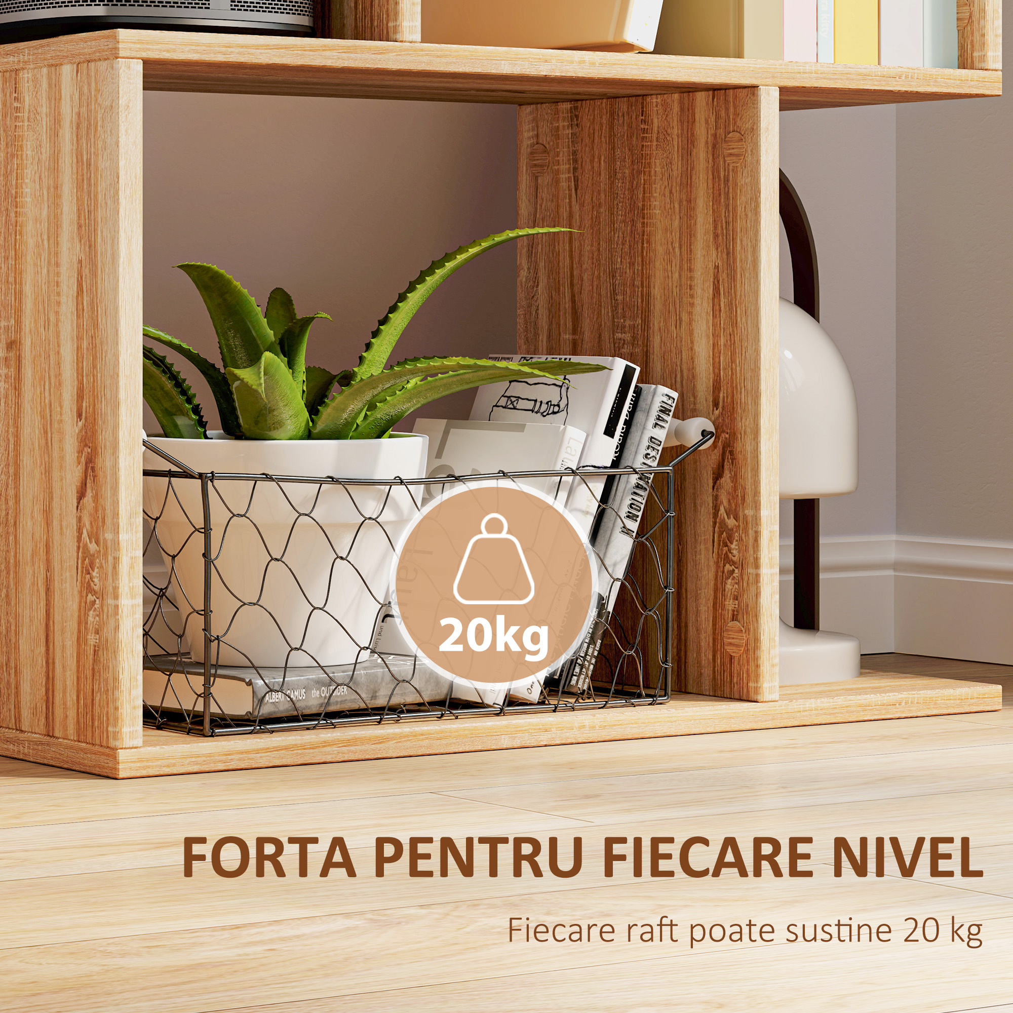  Biblioteca din lemn cu 5 rafturi si separator, 60x24x184,5 cm, culoare lemn [4]