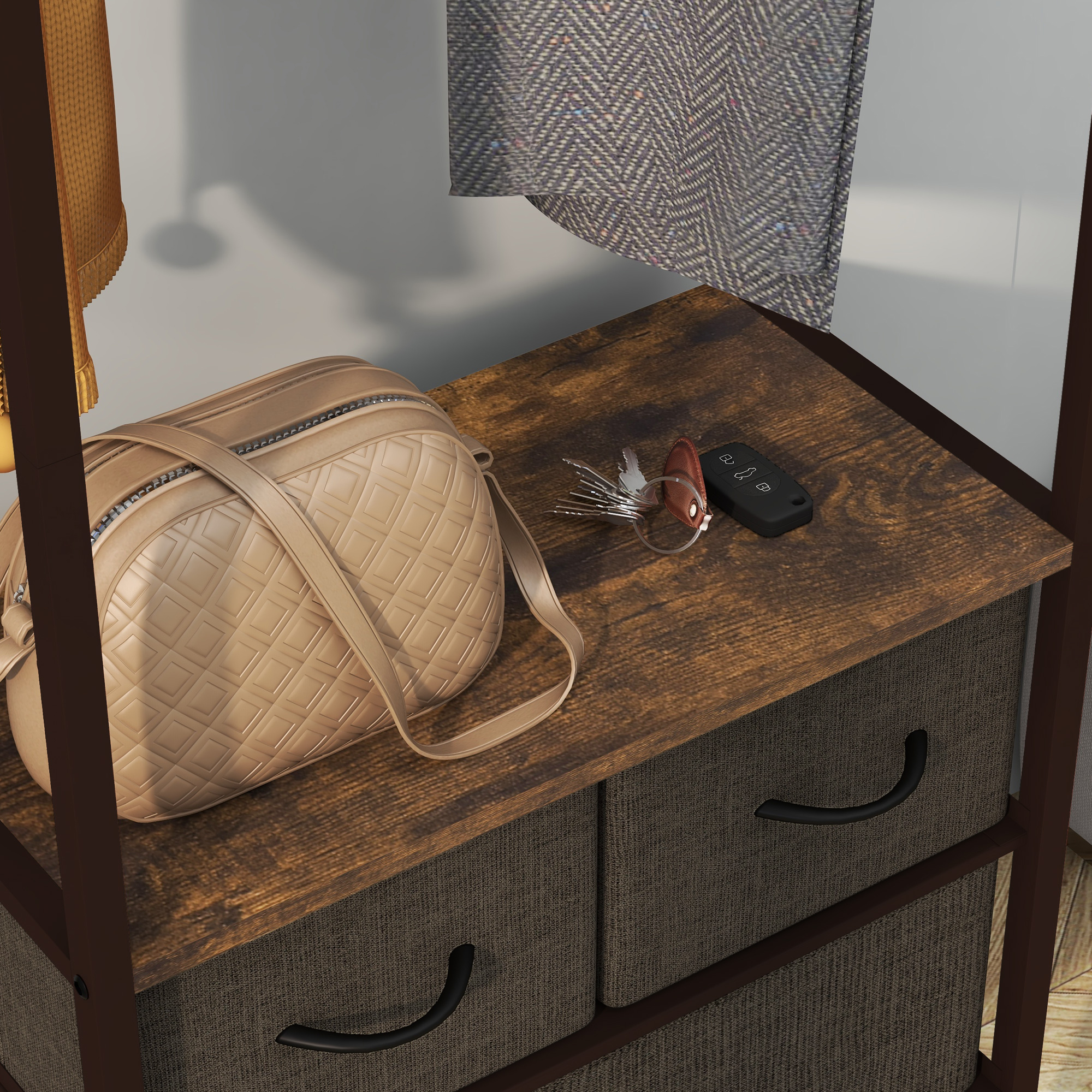  Cuier de Podea cu Bara, 3 Sertare si Rafturi, din Lemn MDF si Otel, 58,5x30x178 cm, Maro [8]