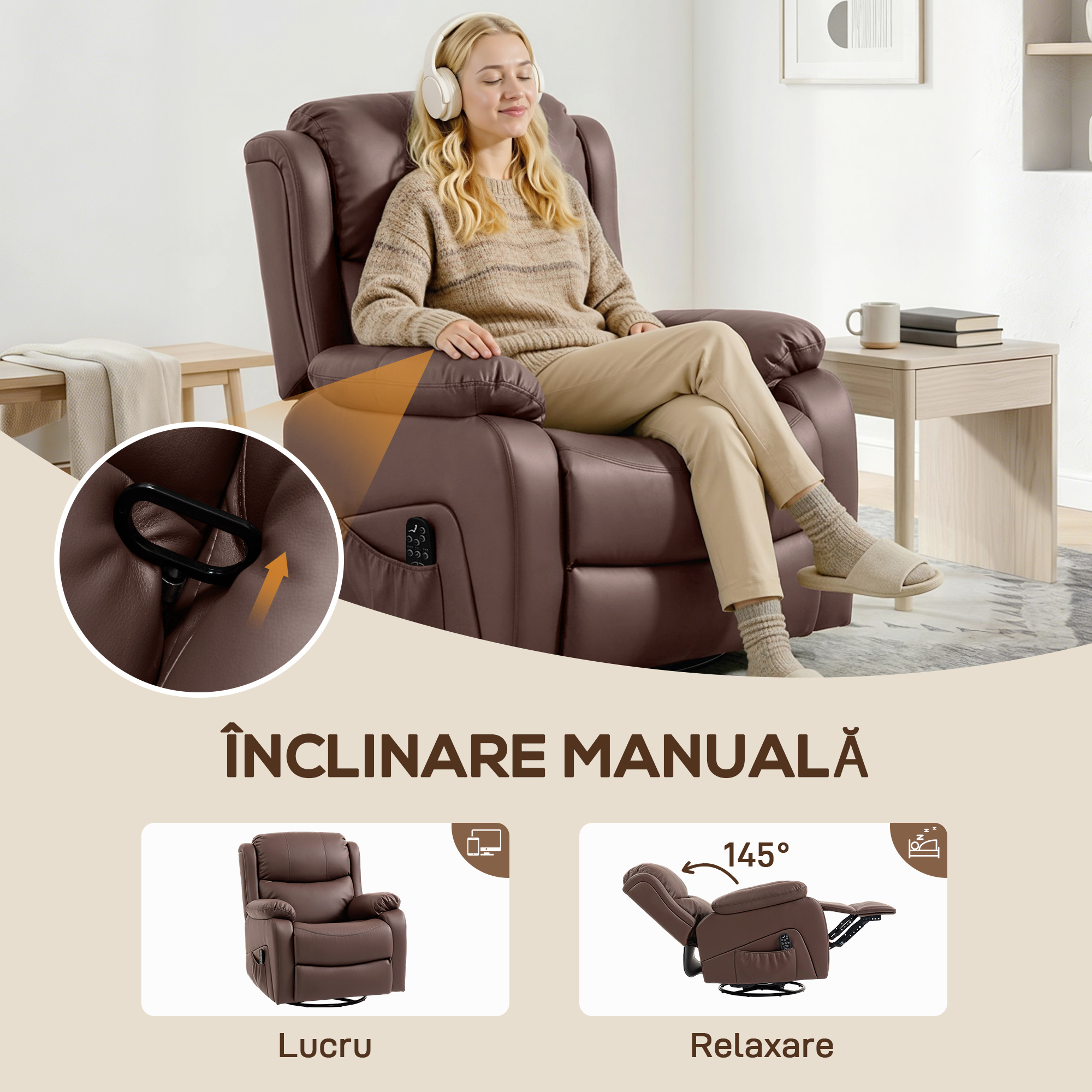  Fotoliu Relax Reclinabil cu 8 Puncte de Masaj, incalzire si Suport pentru Picioare, 87x97x100 cm, Maro [4]