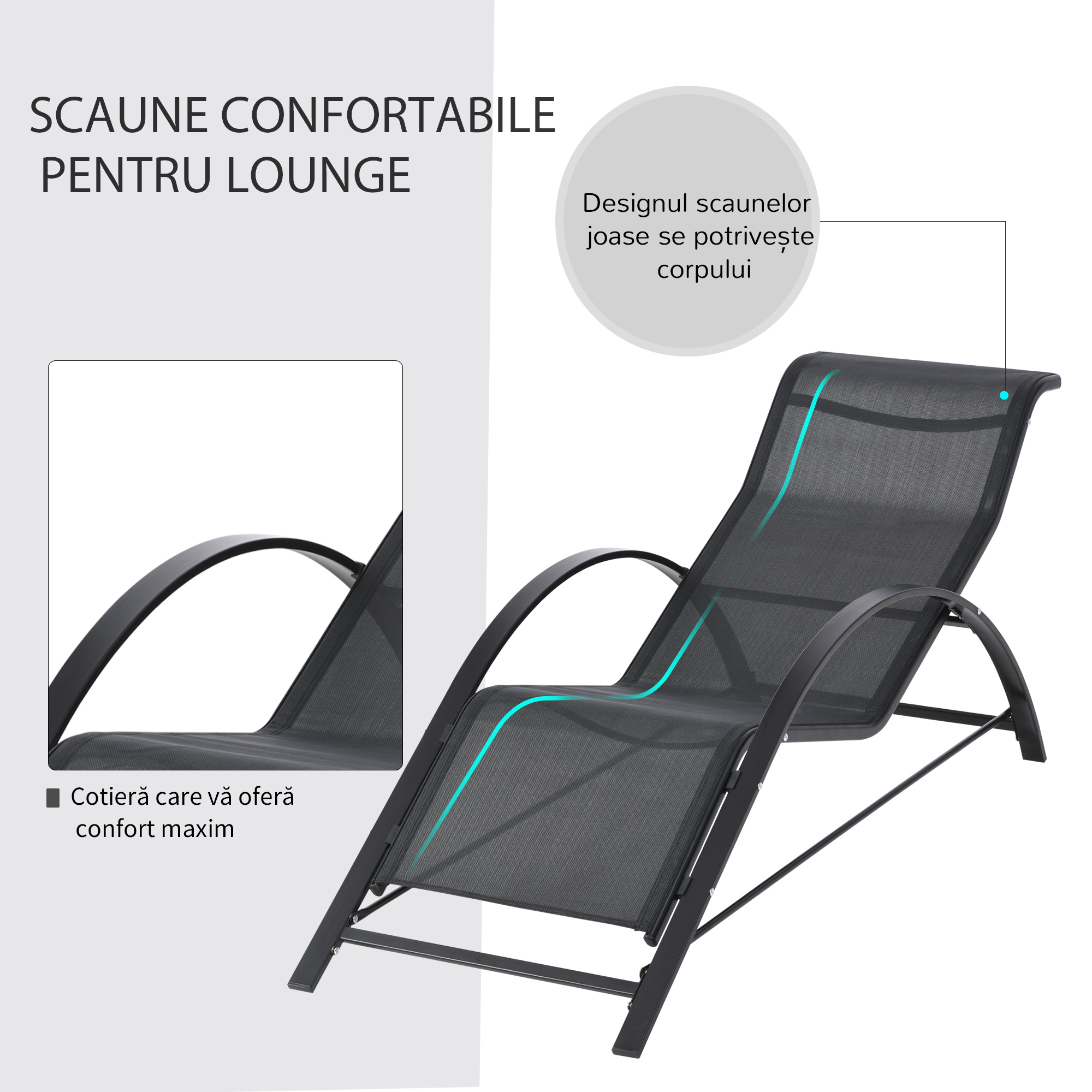  Set 2 sezlonguri de Gradina si Masuta cu Raft, Material Respirabil si Cadru Metalic, 59x169x66 cm, Negru [6]
