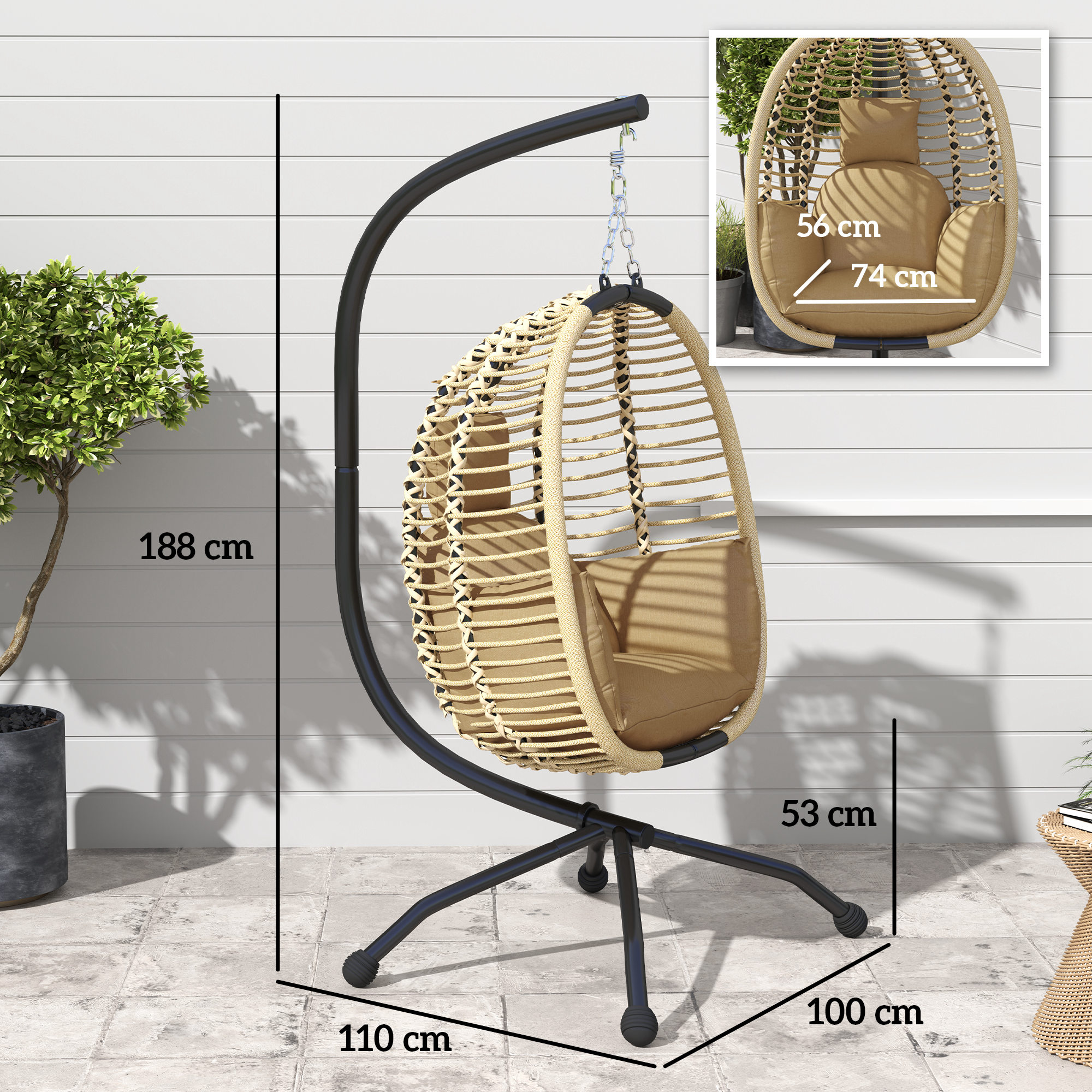  Leagan pentru Exterior cu Perna Capitonata, Scaun Suspendat pentru Terasa cu Suport Metalic, Cos Pliabil, 110x100x188 cm, Gri [2]