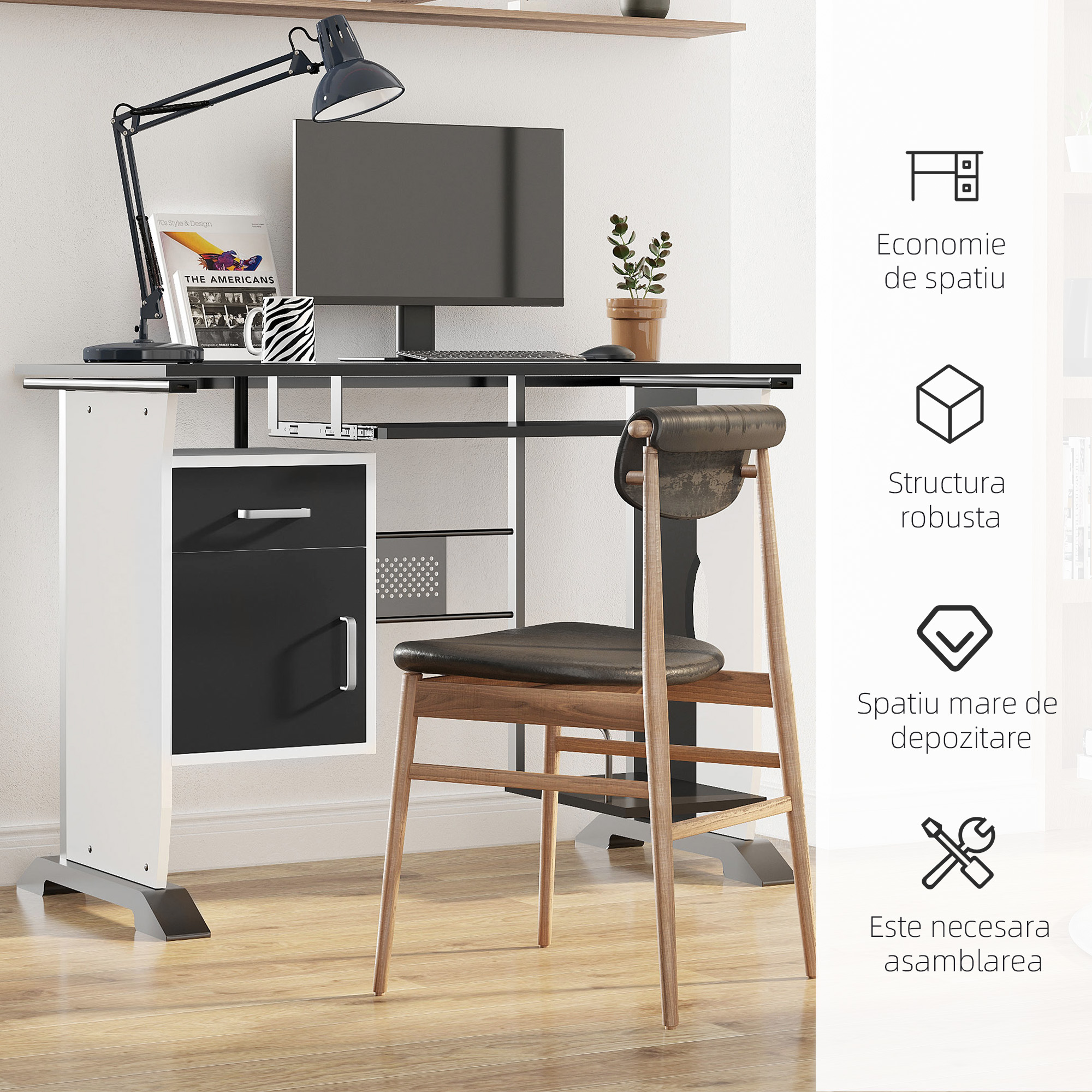  Birou PC 100×52×75 cm - Alb & Negru cu Sertar, Dulap si Raft [5]