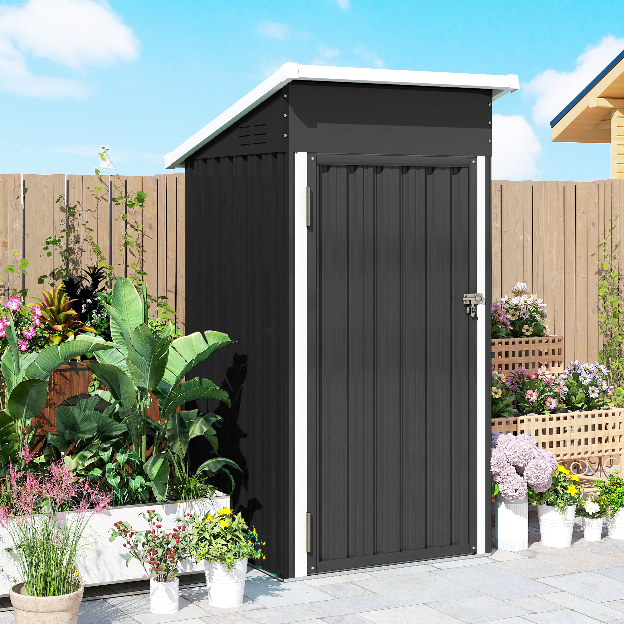  Magazie de Gradina 0,74m² din Otel Galvanizat cu Guri de Aerisire, Magazie cu Usa Blocabila, Acoperis inclinat, Manusi, Depozitare Unelte, 107,5x91x185 cm, Gri inchis [8]