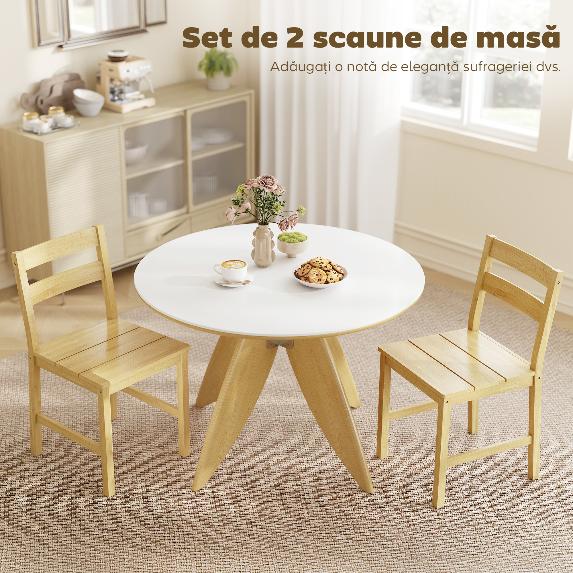  Set de 2 Scaune de Masa din Bambus, Scaune de Bucatarie cu Spatar Curbat, sezut cu Lamele, Scaun pentru Bucatarie, Dormitor, Living, Culoare Naturala [3]