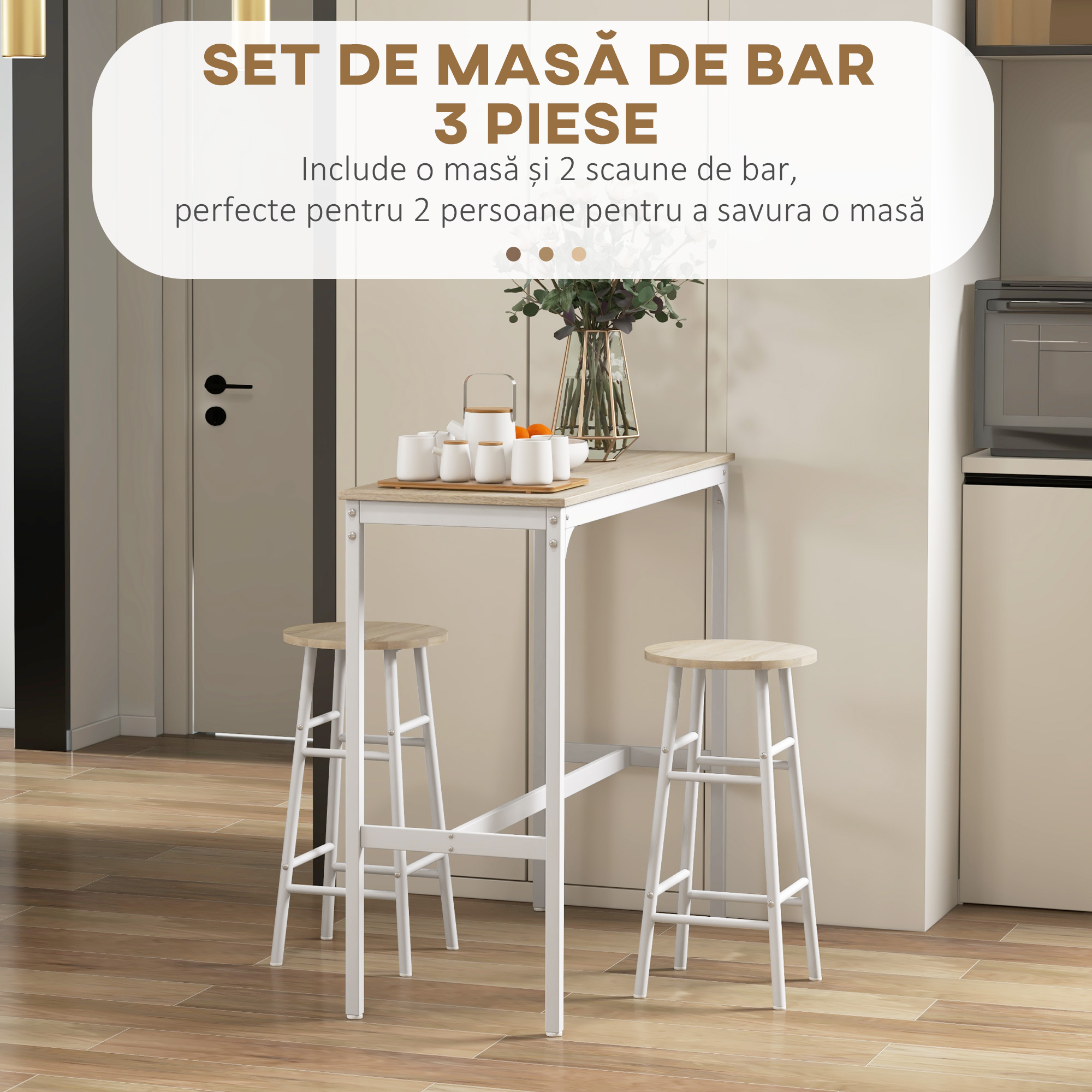  Set masa inalta de bar + 2 scaune cu structura din otel si blat cu aspect de lemn natural, pentru 2 persoane, alb [3]