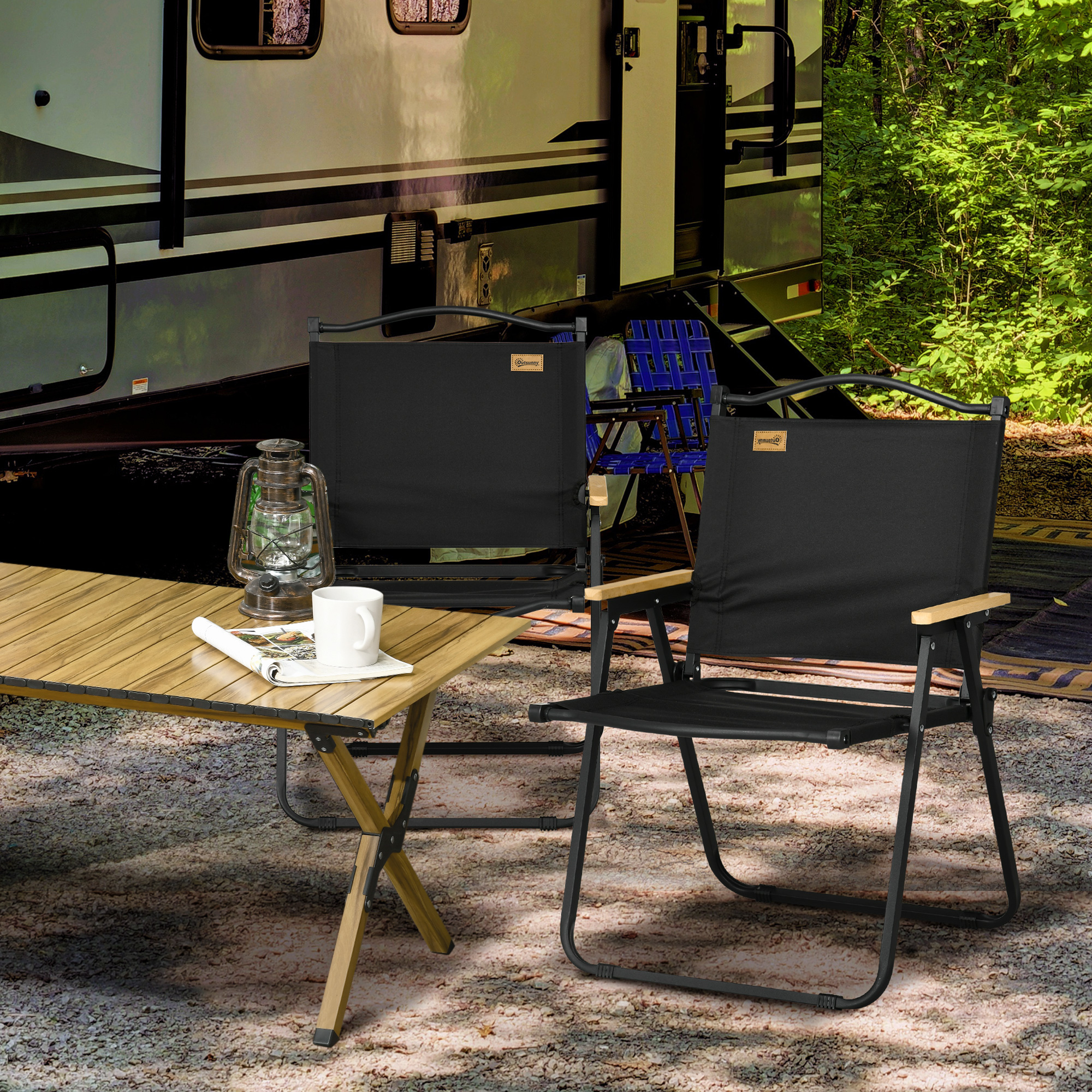  Set 2 Scaune de Exterior Pliabile cu Brate din Material Textil Oxford si Otel, Negru [1]