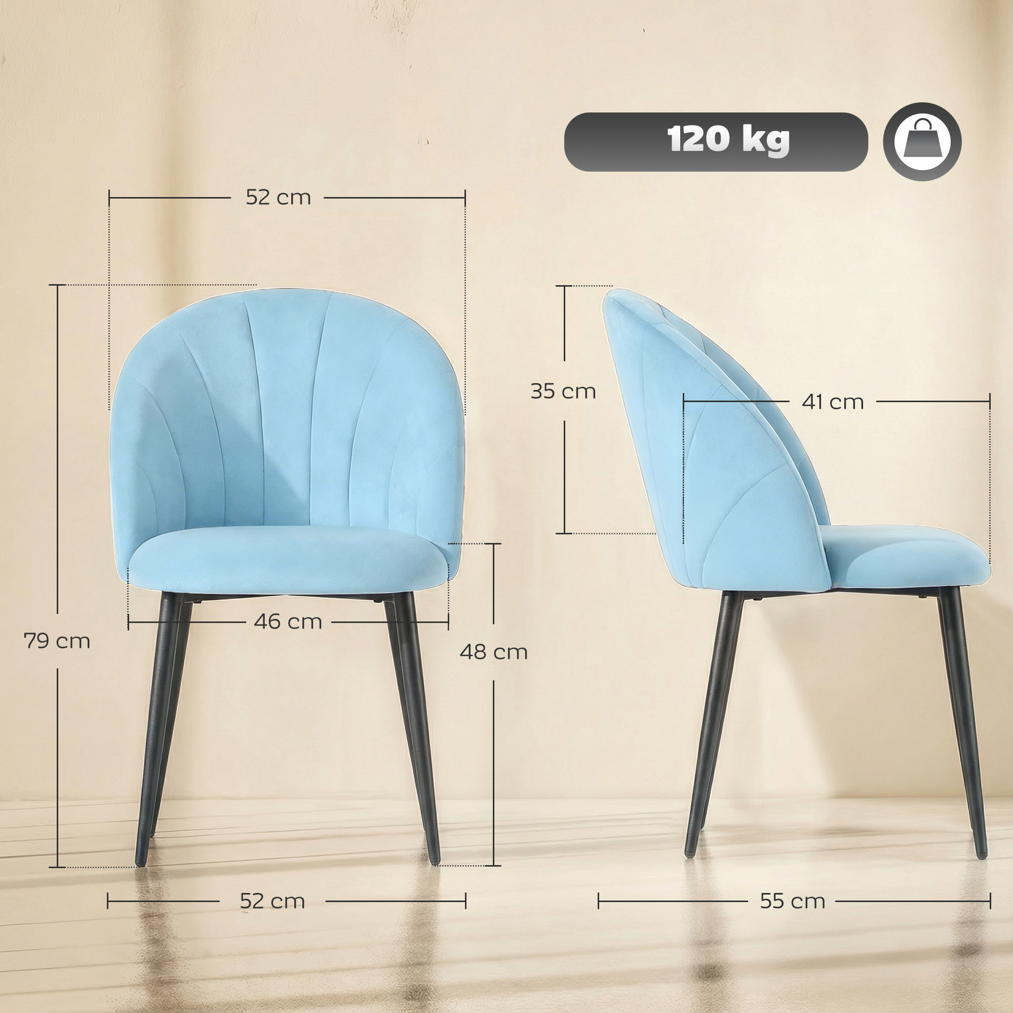 , Scaun de sufragerie, in Forma de Scoica, Catifea si otel, 52cm x 55cm x 79cm, Albastru Deschis [2]