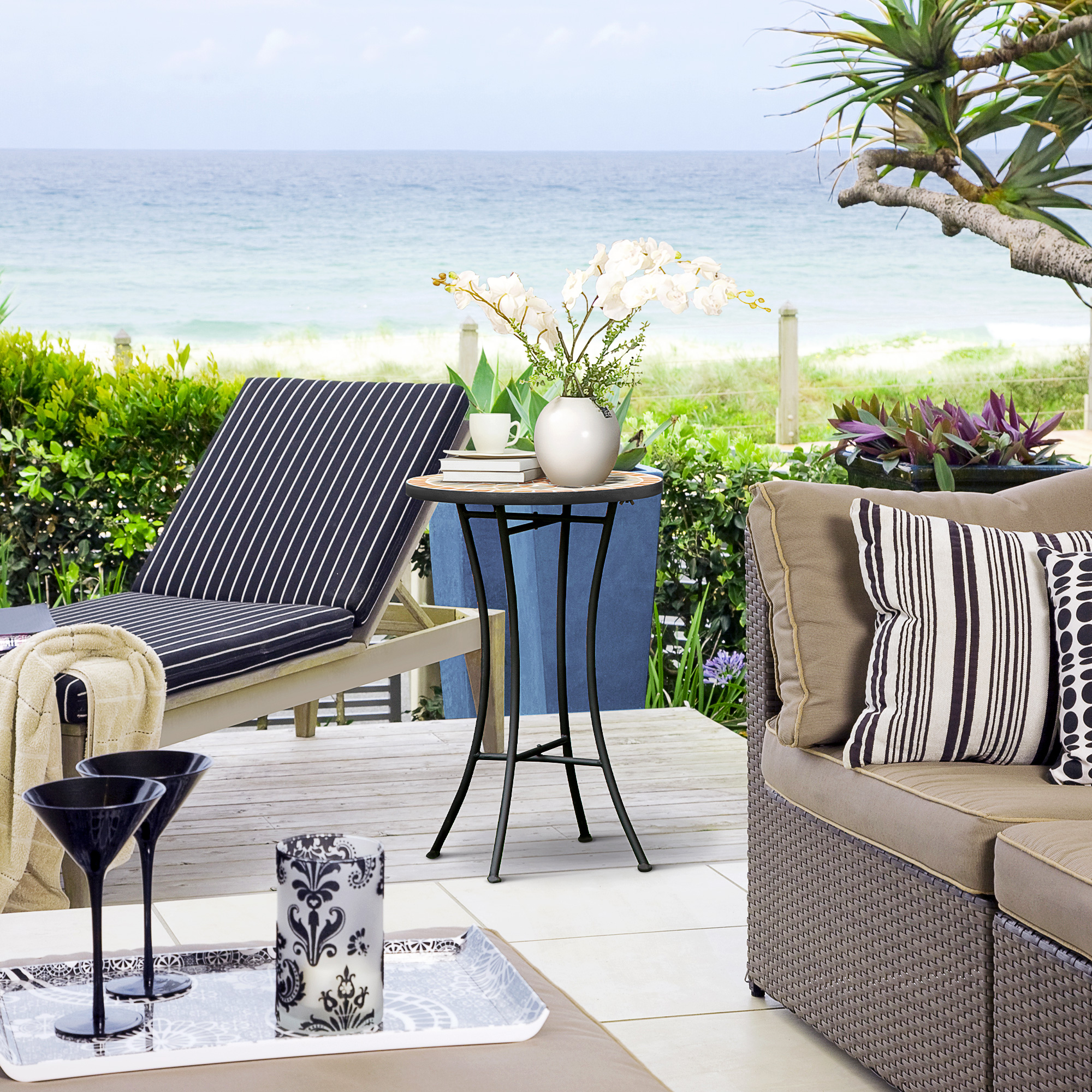  Masuta Rotunda de Gradina, Masuta de Cafea pentru Exterior cu Blat Ceramic Mozaic, Structura din Metal, pentru Balcon si Terasa, Ø35,5x53,5 cm, Negru, Galben, Gri, Alb [1]