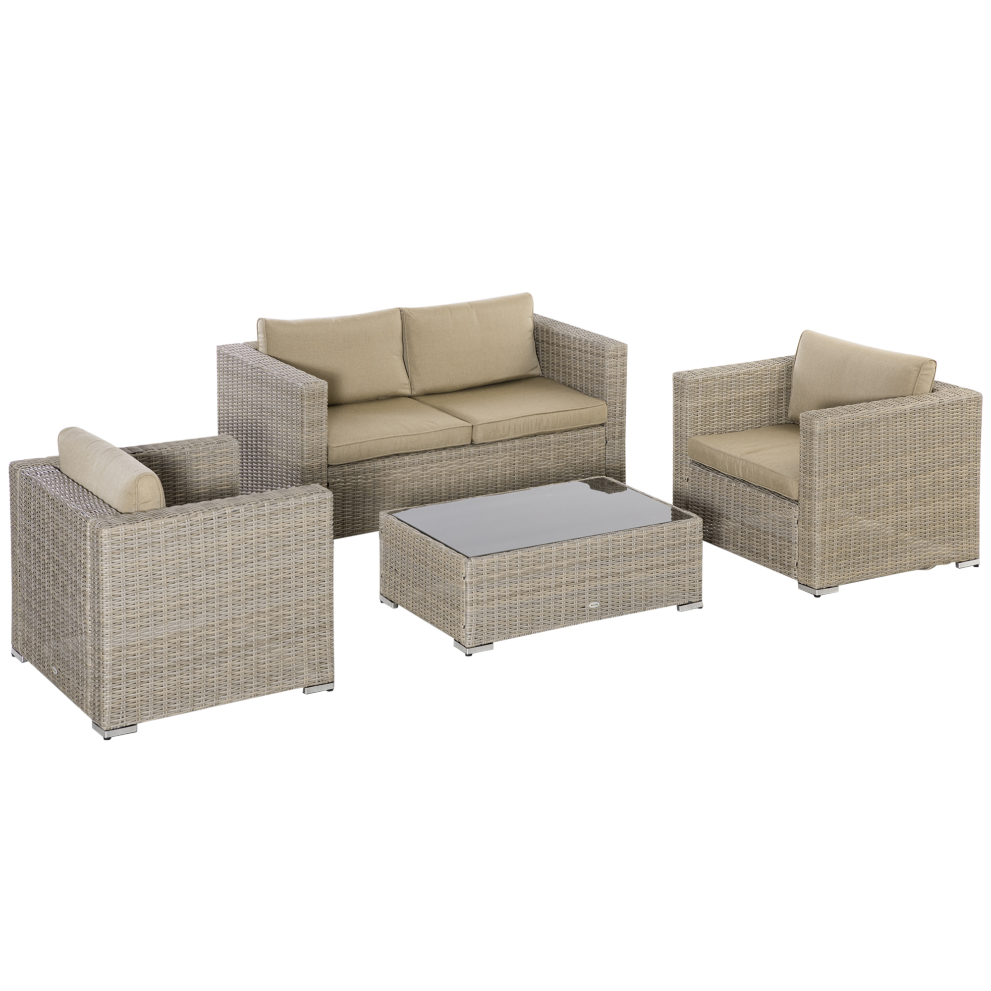 Gradina & balcon -  Set Mobila de Gradina 4 Piese din Ratan PE, Salon de Exterior cu 1 Canapea, 2 Fotolii, 1 Masuta si  Perne Detasabile si Lavabile, Kaki si Bej