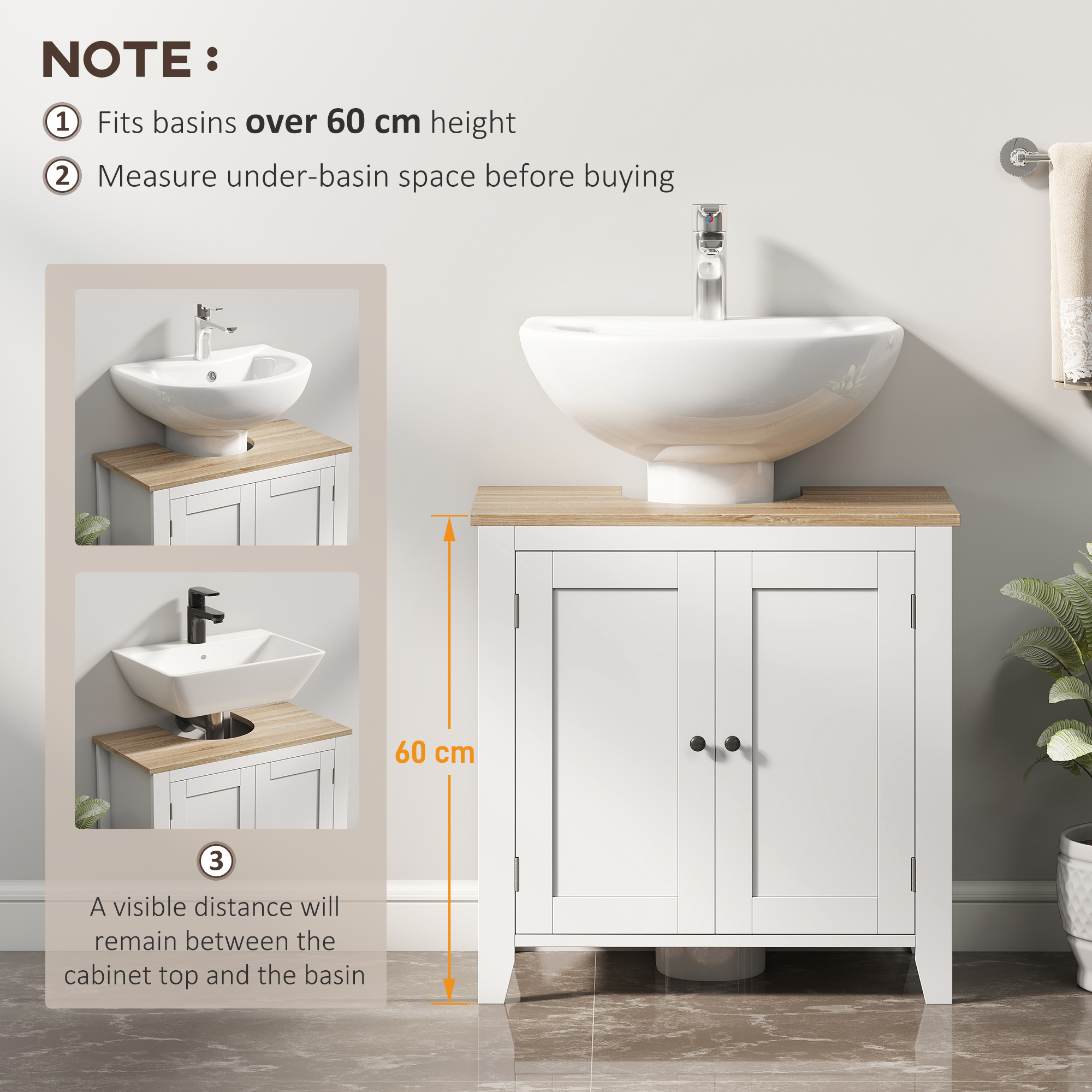  Dulap sub Chiuveta Baie in forma de U cu Raft Reglabil la Interior, din MDF, 60x30x60 cm, Alb si Lemn Natur [4]