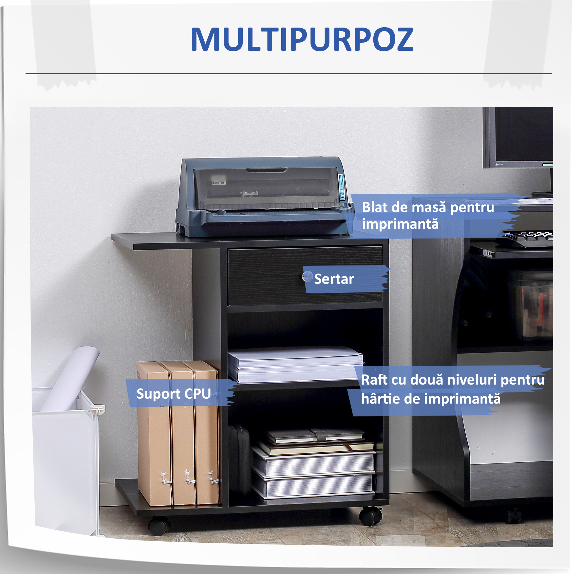  Mobila pentru Imprimanta din Lemn Negru cu 1 Sertar 2 Etajere Raft CPU [3]