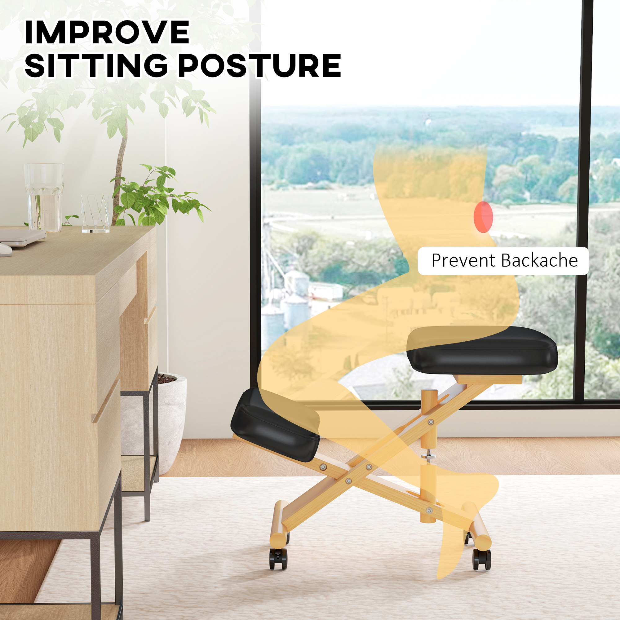  Scaun Ergonomic pentru Genunchi cu inaltime Reglabila din Lemn cu Rotile, 42x70x42-52 cm, Negru [3]