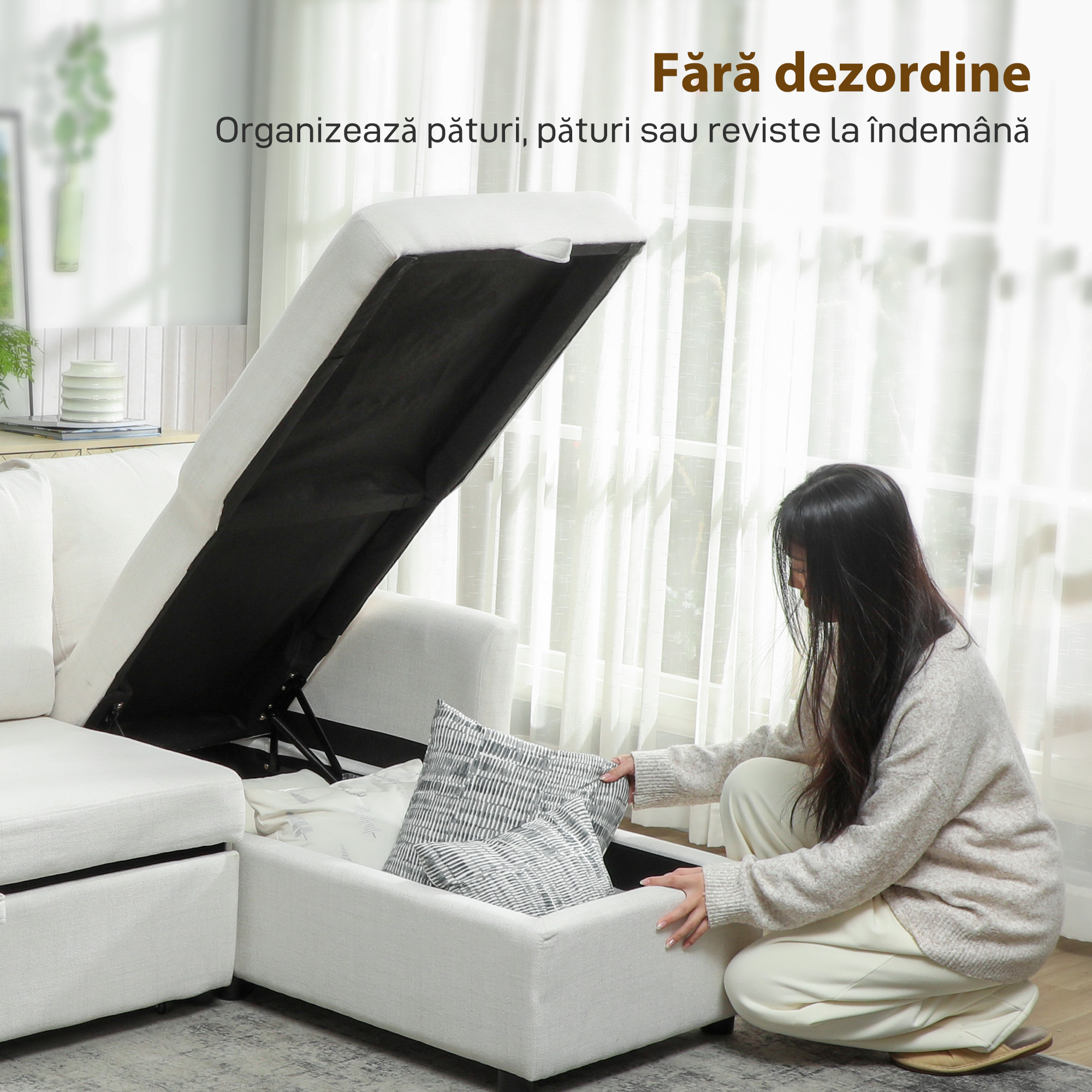  Canapea Extensibila cu 3 Locuri si sezlong, Canapea Coltar Convertibila cu Spatiu de Depozitare si 3 Perne Detasabile, Material Textil cu Efect de In, 192x148x86cm, Crem [5]