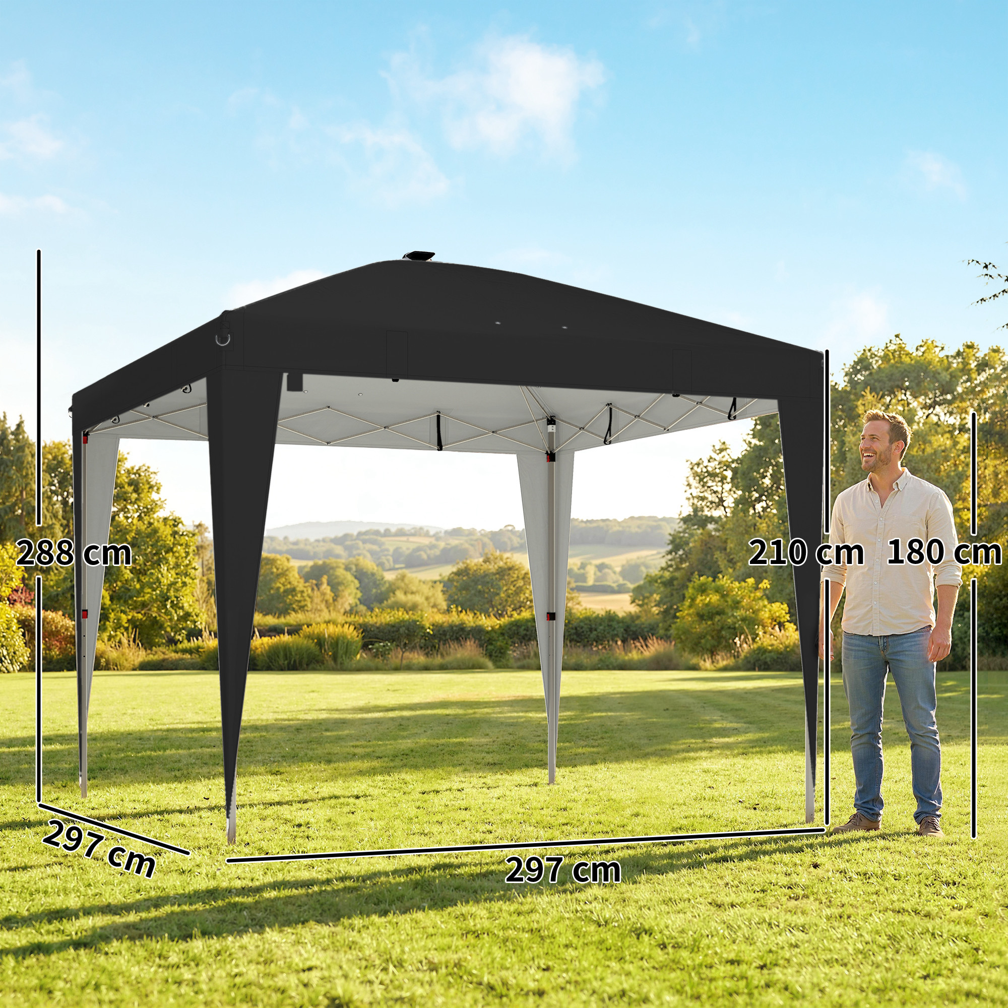  Gazebo 3x3 m Pliabil Pop Up cu inaltime Reglabila, UV50+, Gazebo de Gradina cu Lumina Centrala si USB, Telecomanda, Geanta de Transport, pentru Exterior, Camping, Petreceri, Negru [2]