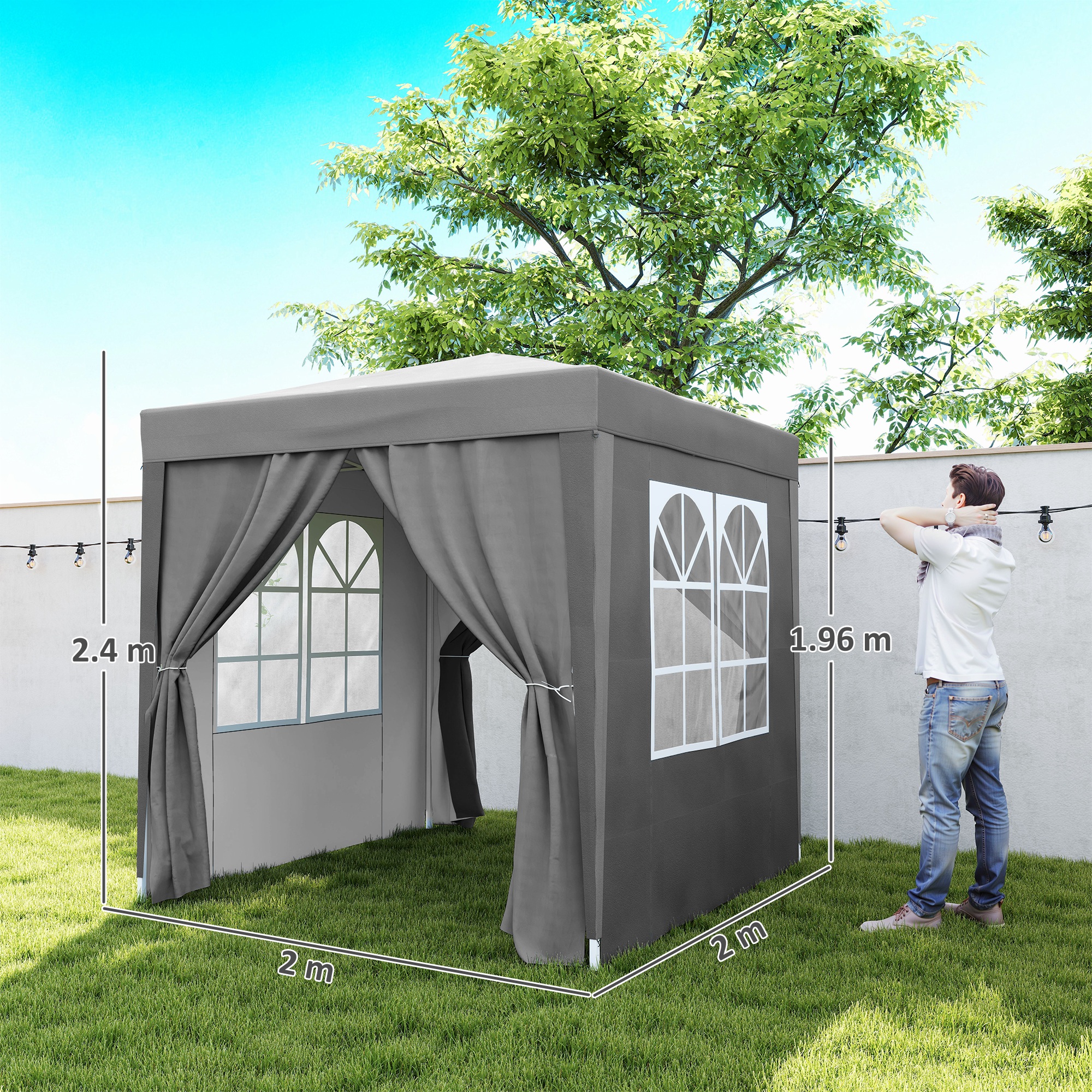  Foisor Pliabil 2x2 m Pop-Up cu 2 Usi, 2 Ferestre, 4 Pereti Detasabili, Foisor de Exterior cu Geanta de Transport din Otel si tesatura Oxford, pentru Gradina, Petreceri, Camping, Gri [2]