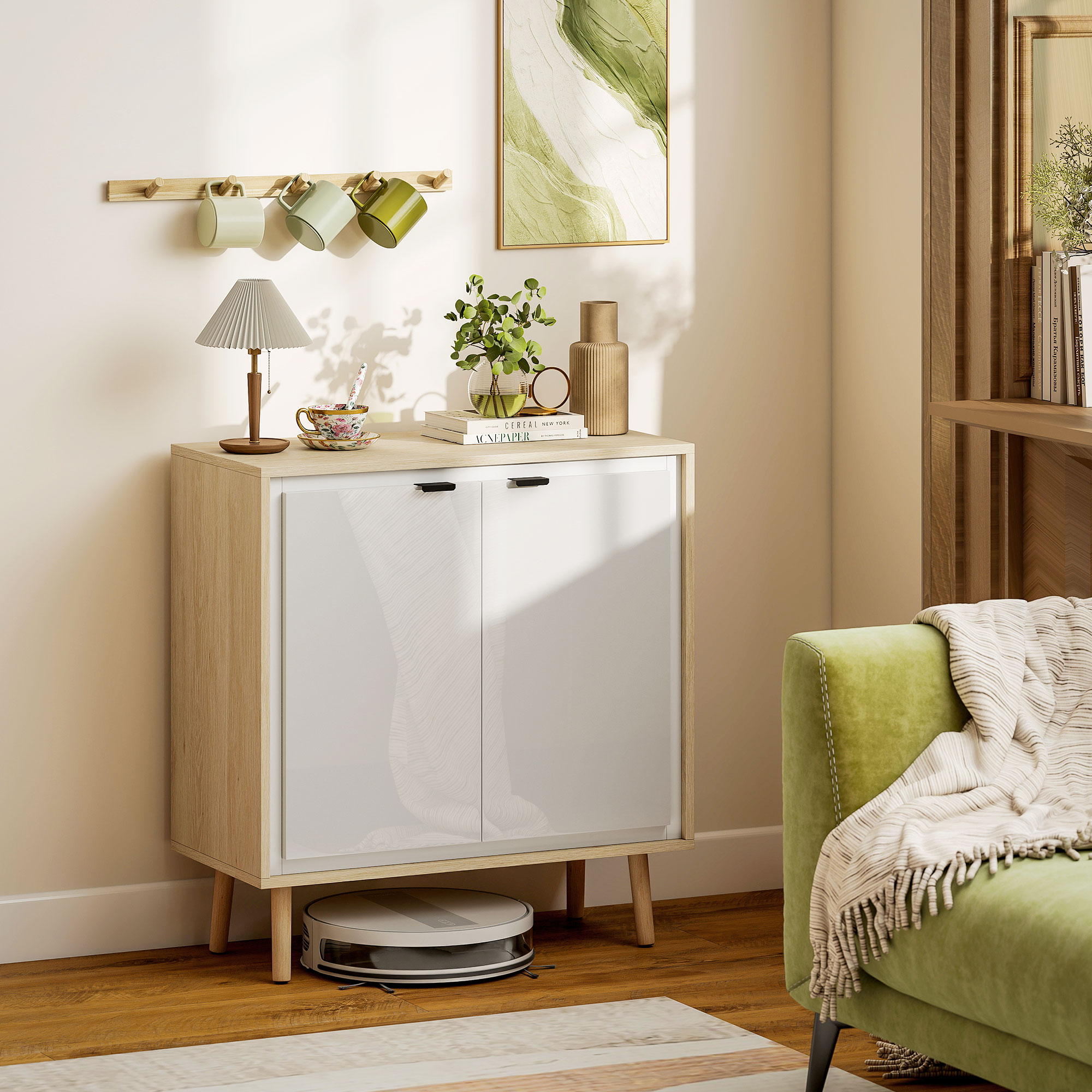  Dulap Modern cu 2 Usi si Raft Reglabil 72x35x77cm Alb si Stejar [1]