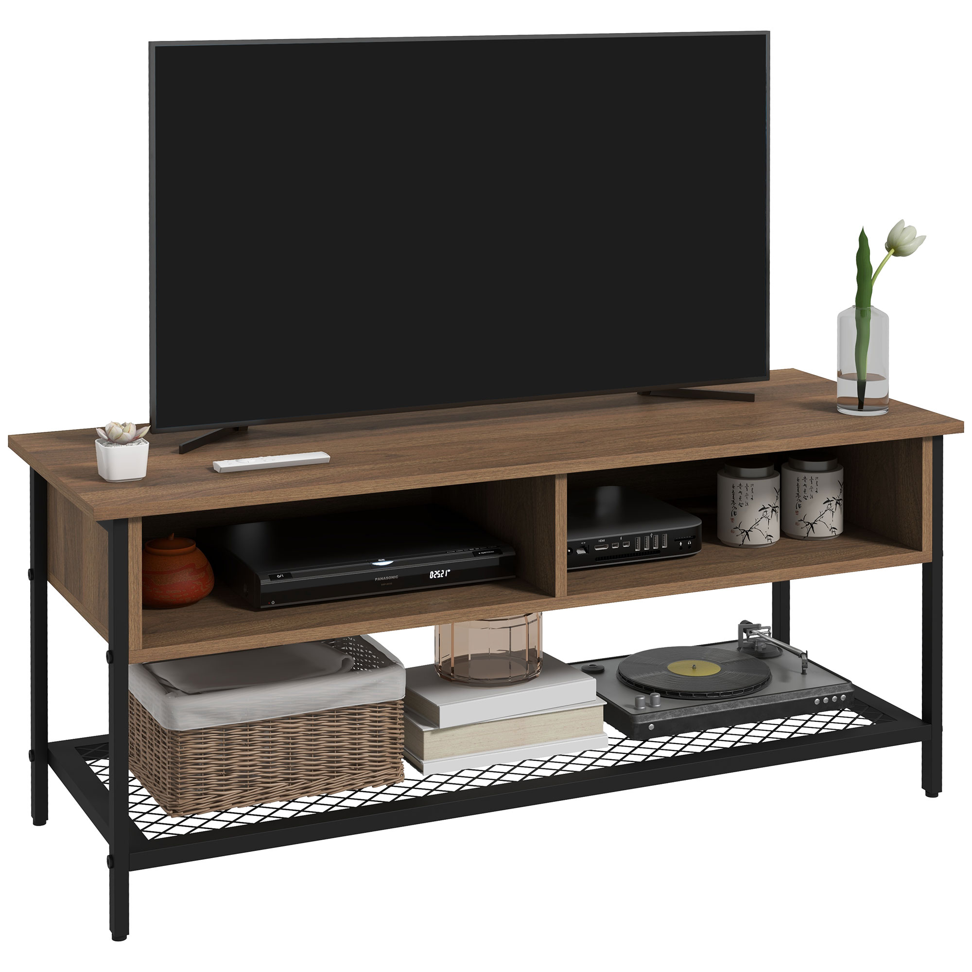 Mobila living -  Dulap SuportTV pana la 48" in Stil Industrial, Mobiler Jos cu Rafturi din Lemn si Otel, 110x40x48cm, Maro si Negru