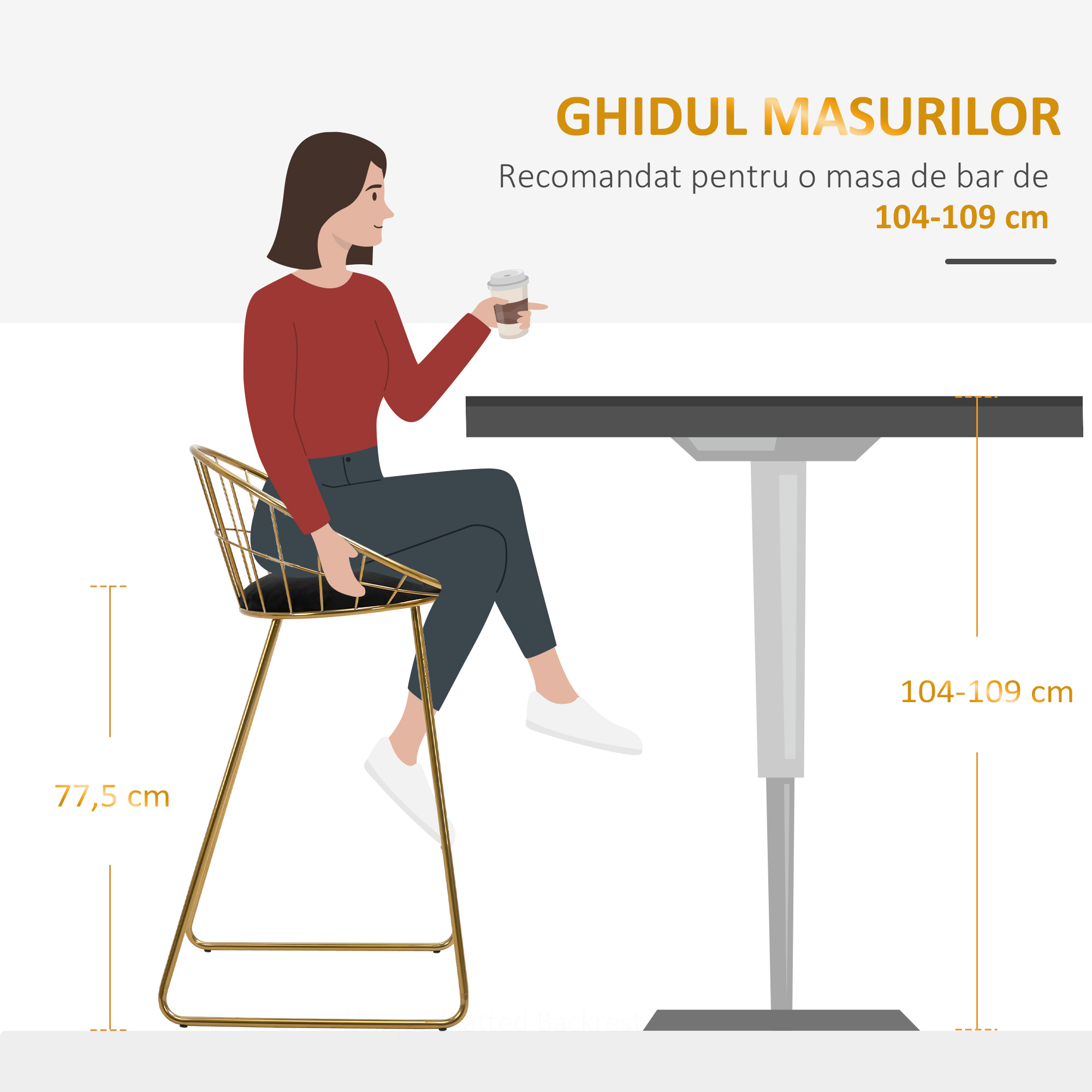  Set 2 Scaune Inalte, Suport pentru picioare, Perna de catifea, Poliester/Metal, 52.5x47x97cm, Negru/Auriu [6]