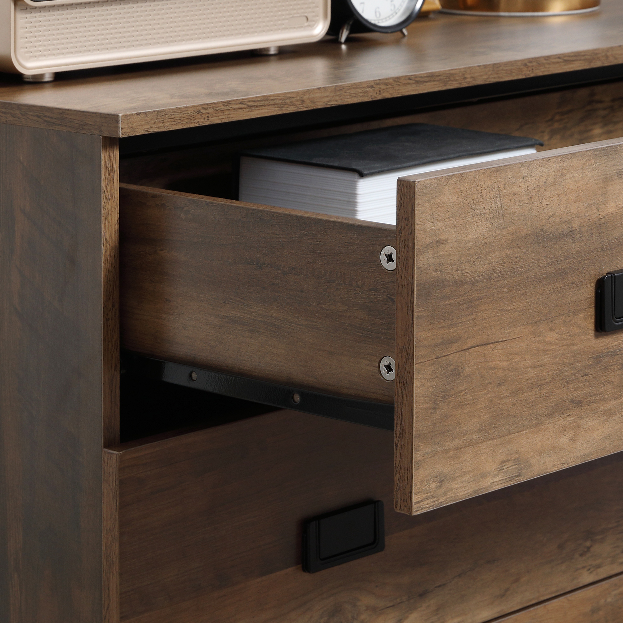  Comoda, unitate de depozitare cu 4 sertare cu cadru metalic pentru dormitor, sufragerie, maro [7]