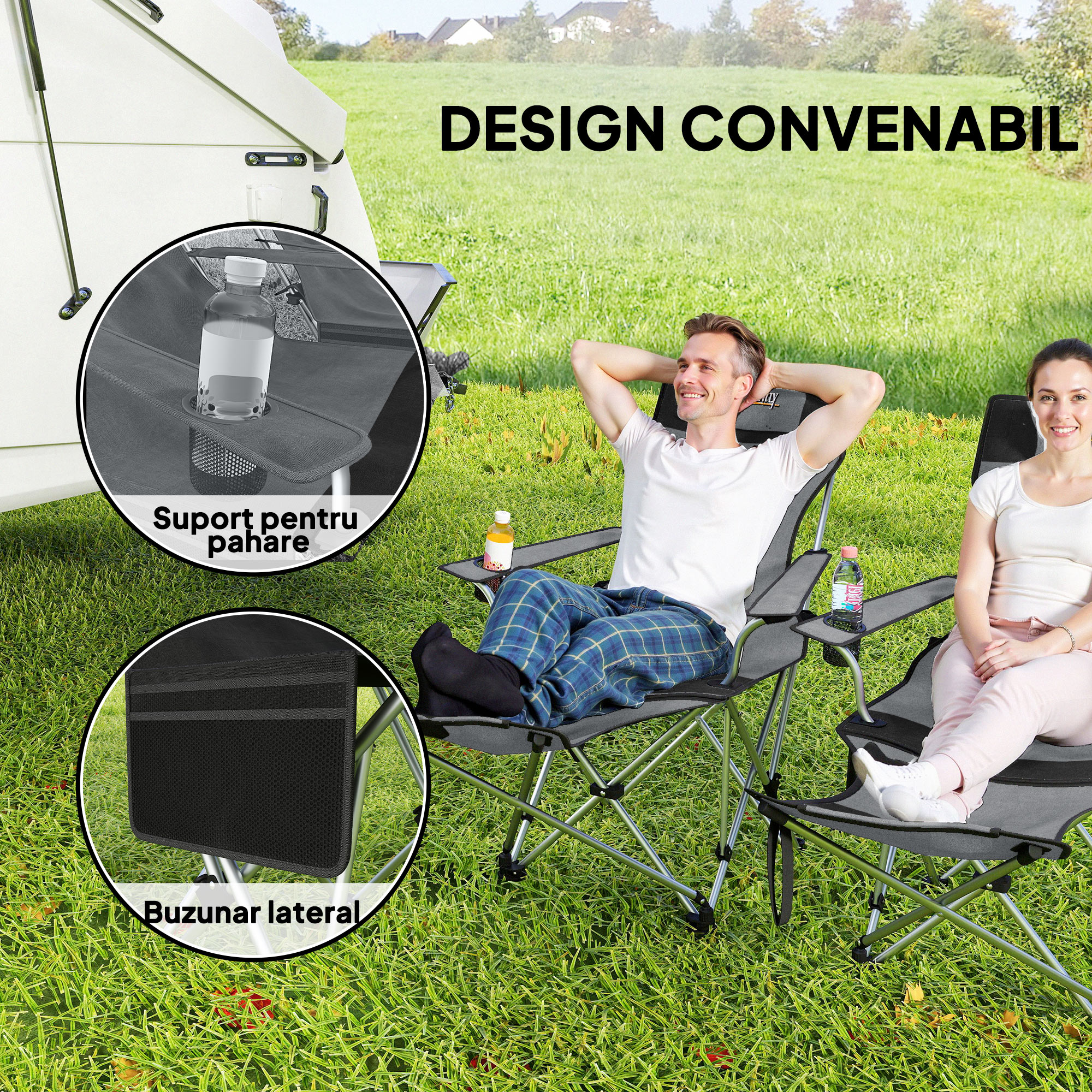  Set de 2 Scaune de Camping Pliabile cu Suport pentru Picioare Detasabil, 82x100x88 cm, Negru [4]