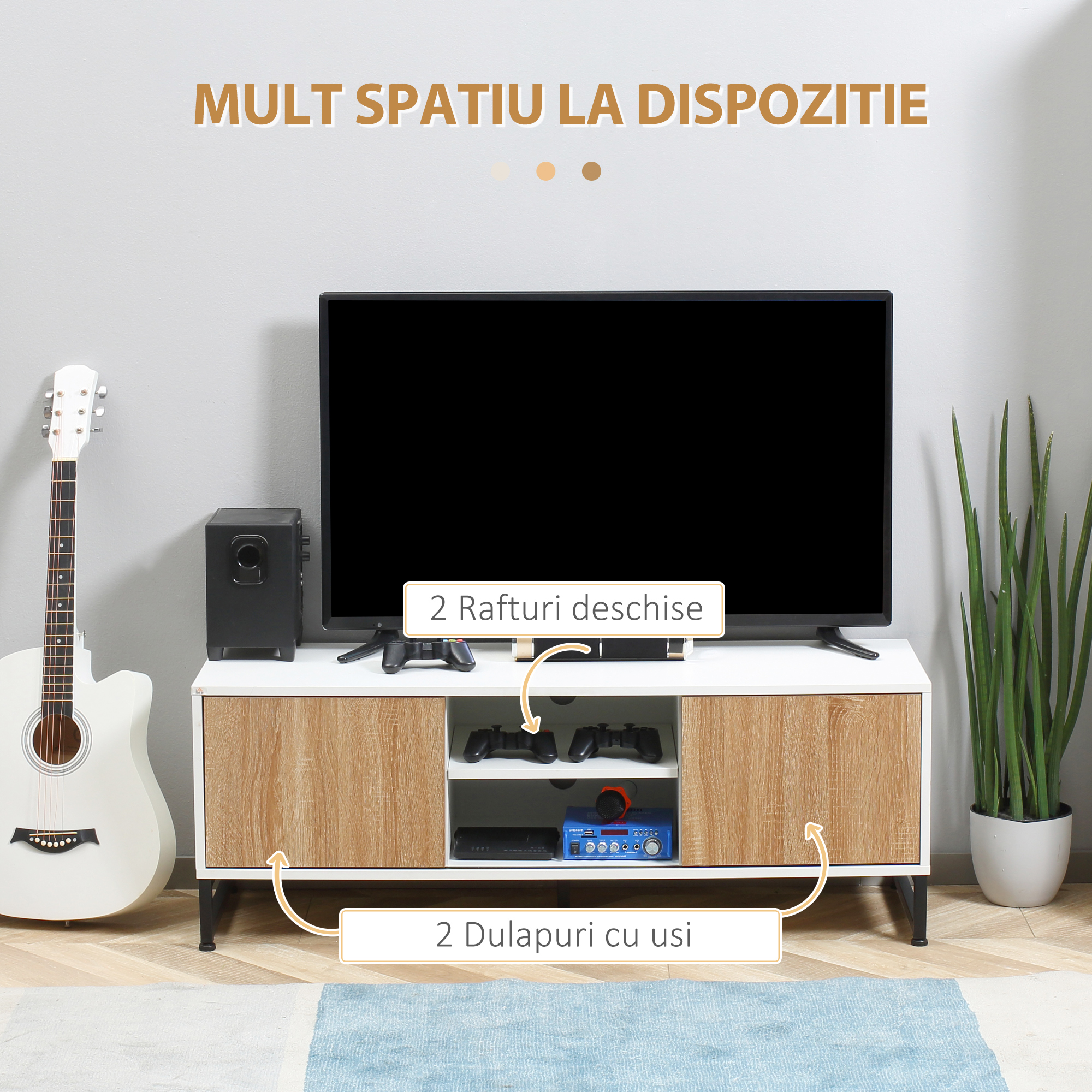 Suport TV pentru modele de pana la 50" Max, PAL modern si suport TV din otel cu 2 rafturi deschise si 2 dulapuri inchise, 120x39,5x45cm [3]