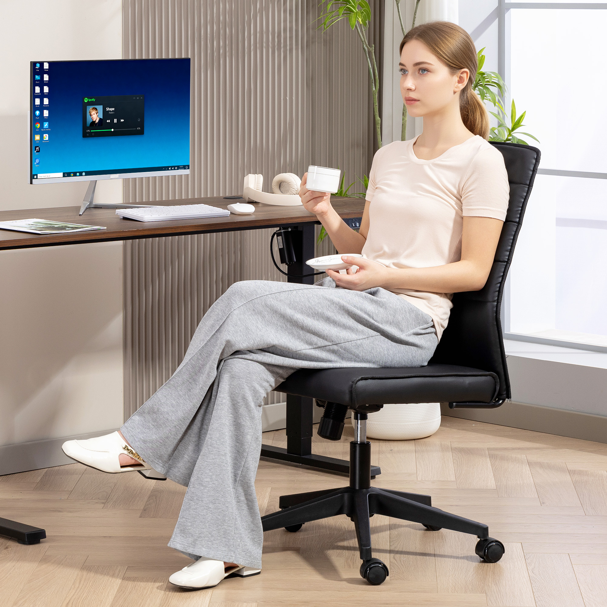  Scaun de Birou Ergonomic si Reglabil cu Spatar Curbat, din Piele PU si Otel, 58x53x97-107 cm, Negru [8]