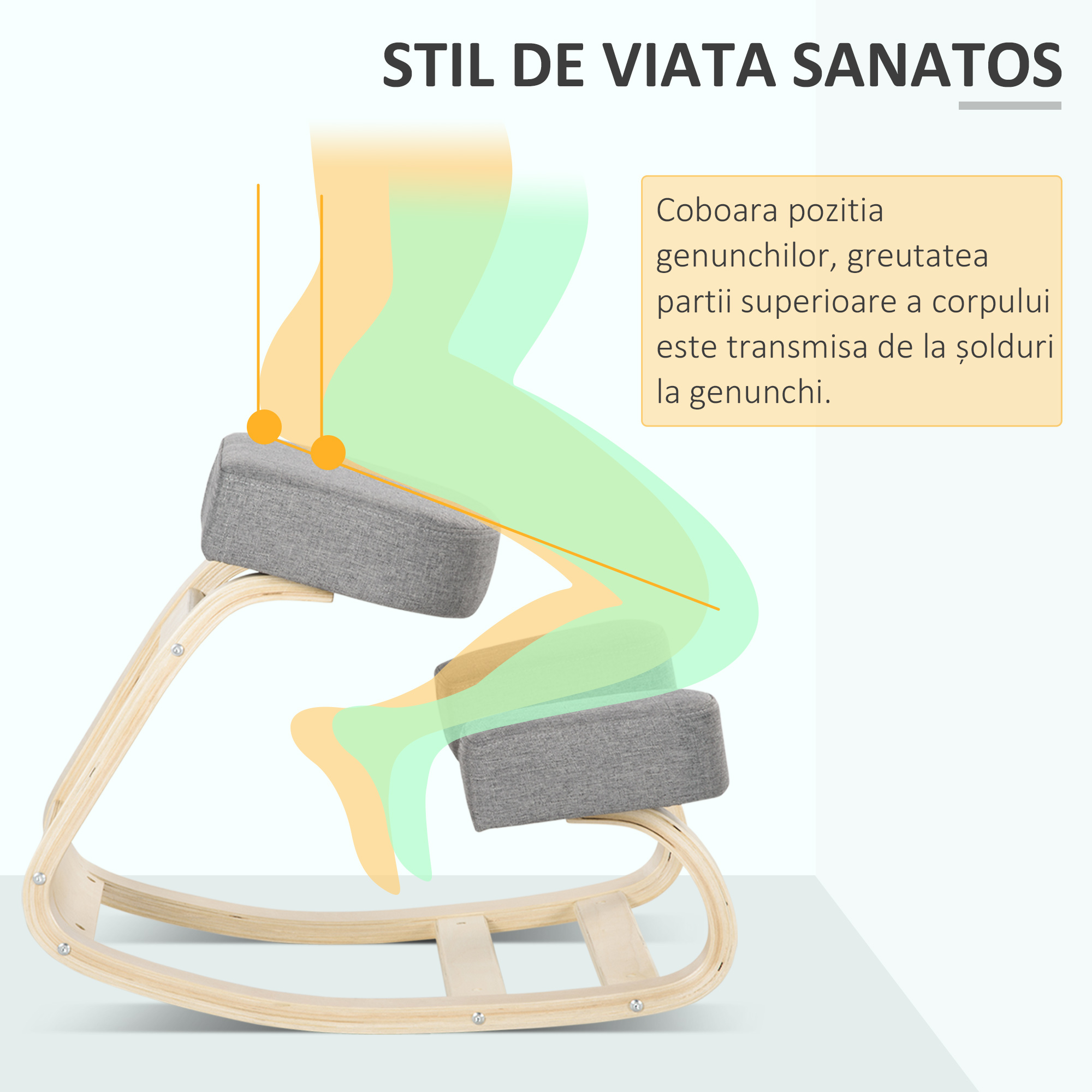  Scaun ergonomic din lemn cu perna captusita din spuma de cauciuc, 51x69x58, Gri [5]
