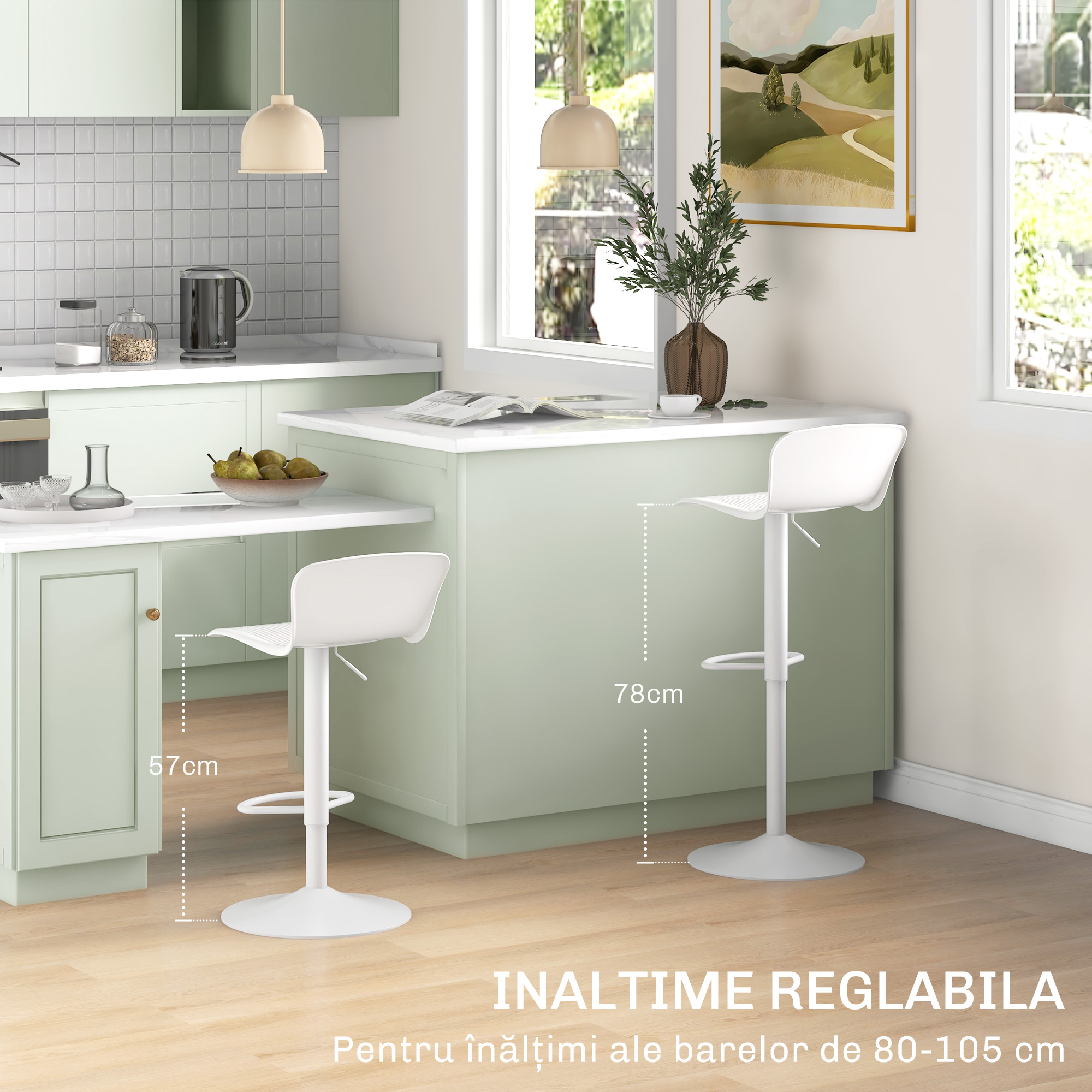  Set 2 Scaune de Bar cu Spatar Ergonomic,  Suport pentru Picioare si sezut Rotativ, 38,5x40x76,5-97,5 cm, Alb [3]