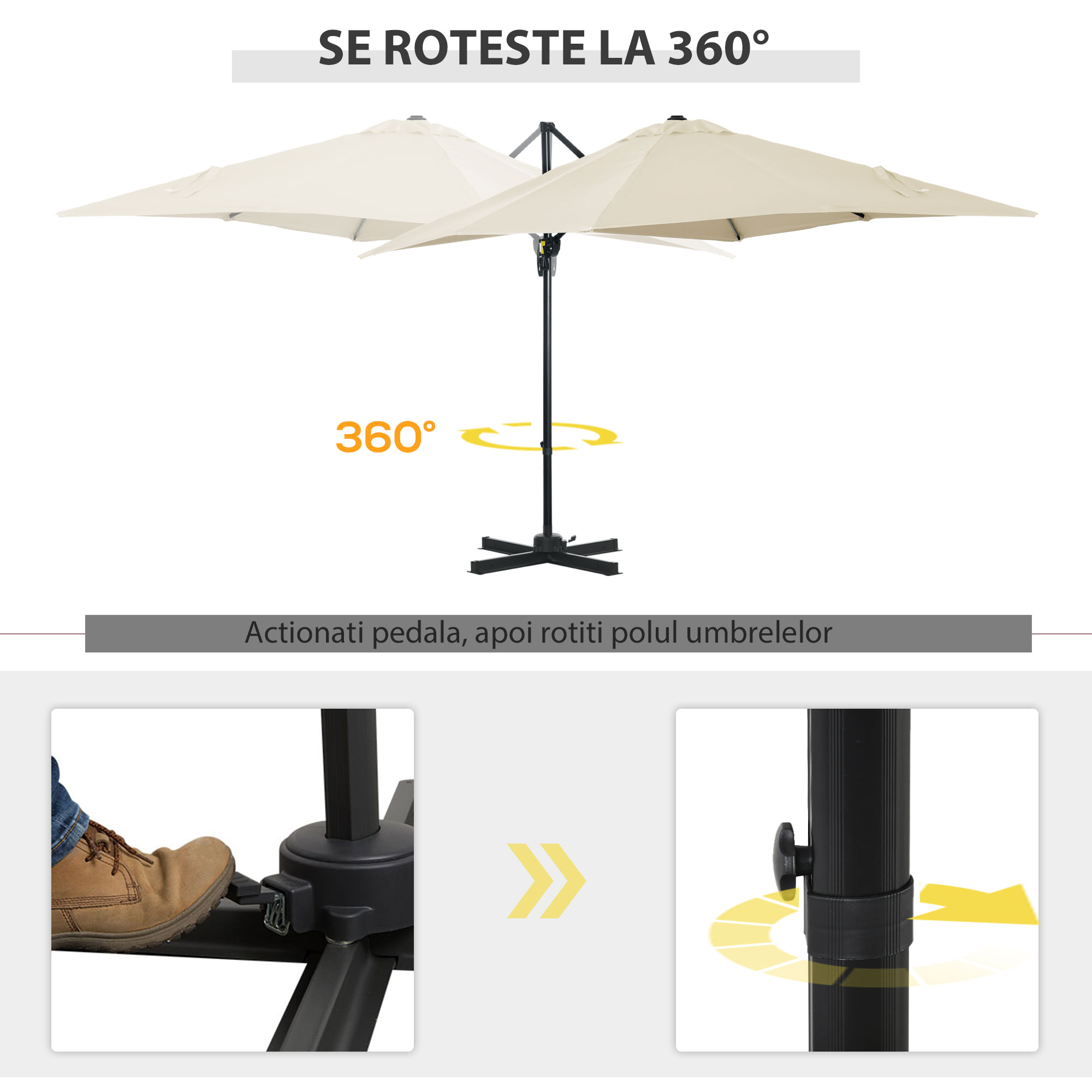  Umbrela de Gradina cu Manivela cu Rotatie 360°, Parasolar Reglabil, 245x245x245 cm, Crem [3]