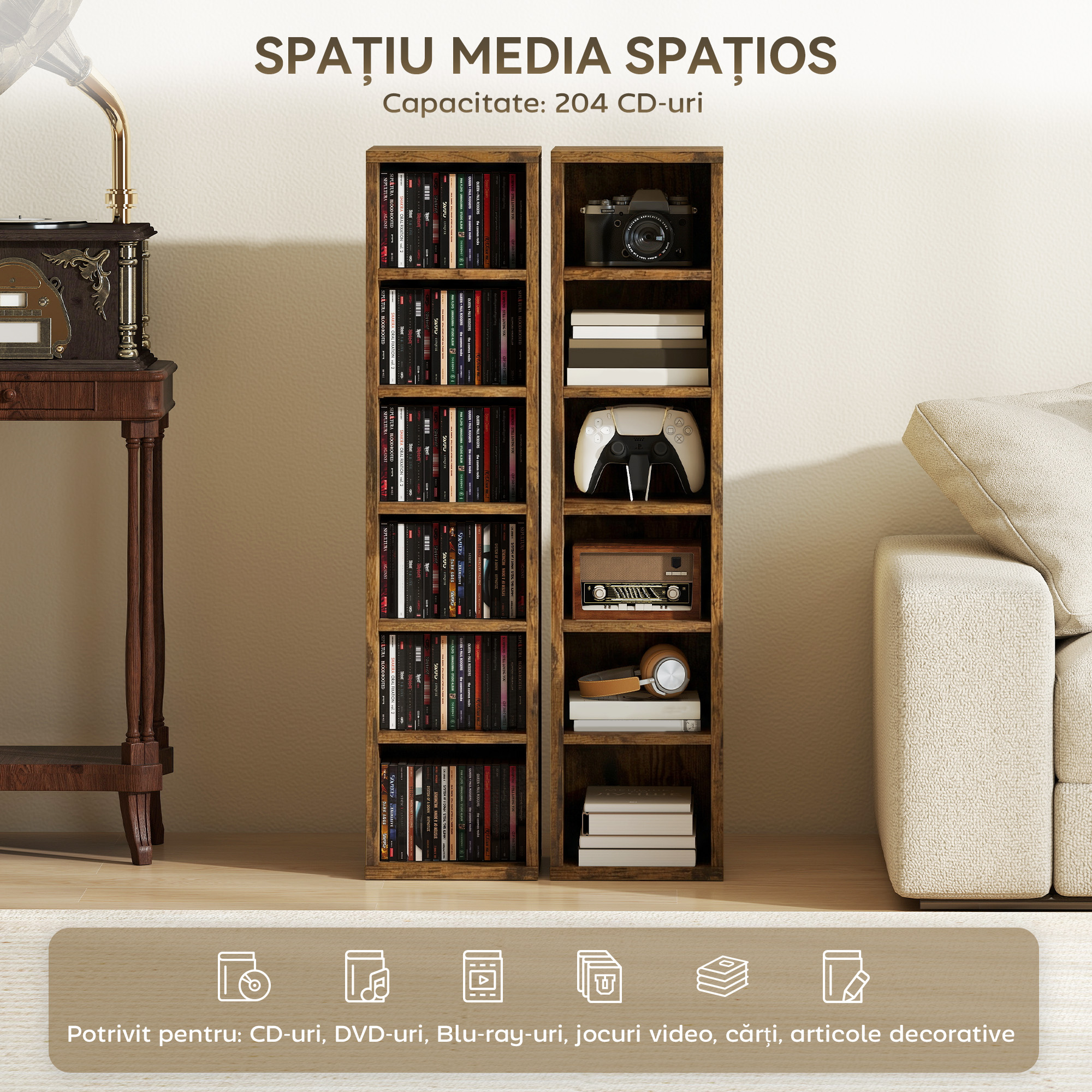  Set 2 Rafturi pentru CD-uri cu Polite Reglabile pentru 204 CD-uri din Lemn, 21x22,5x88,5 cm, Maro Rustic [3]