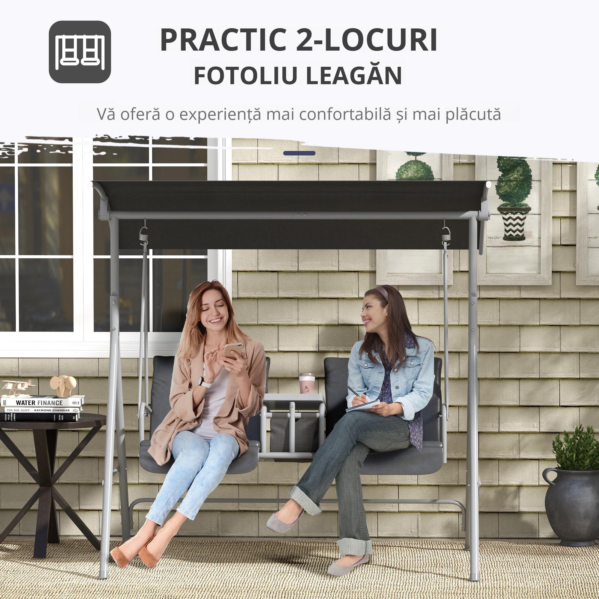  Balansoar Exterior cu Masuta de Cafea si Suport Central pentru Pahare, Leagan cu 2 Locuri si Acoperis, 175x112x158 cm, Gri [4]