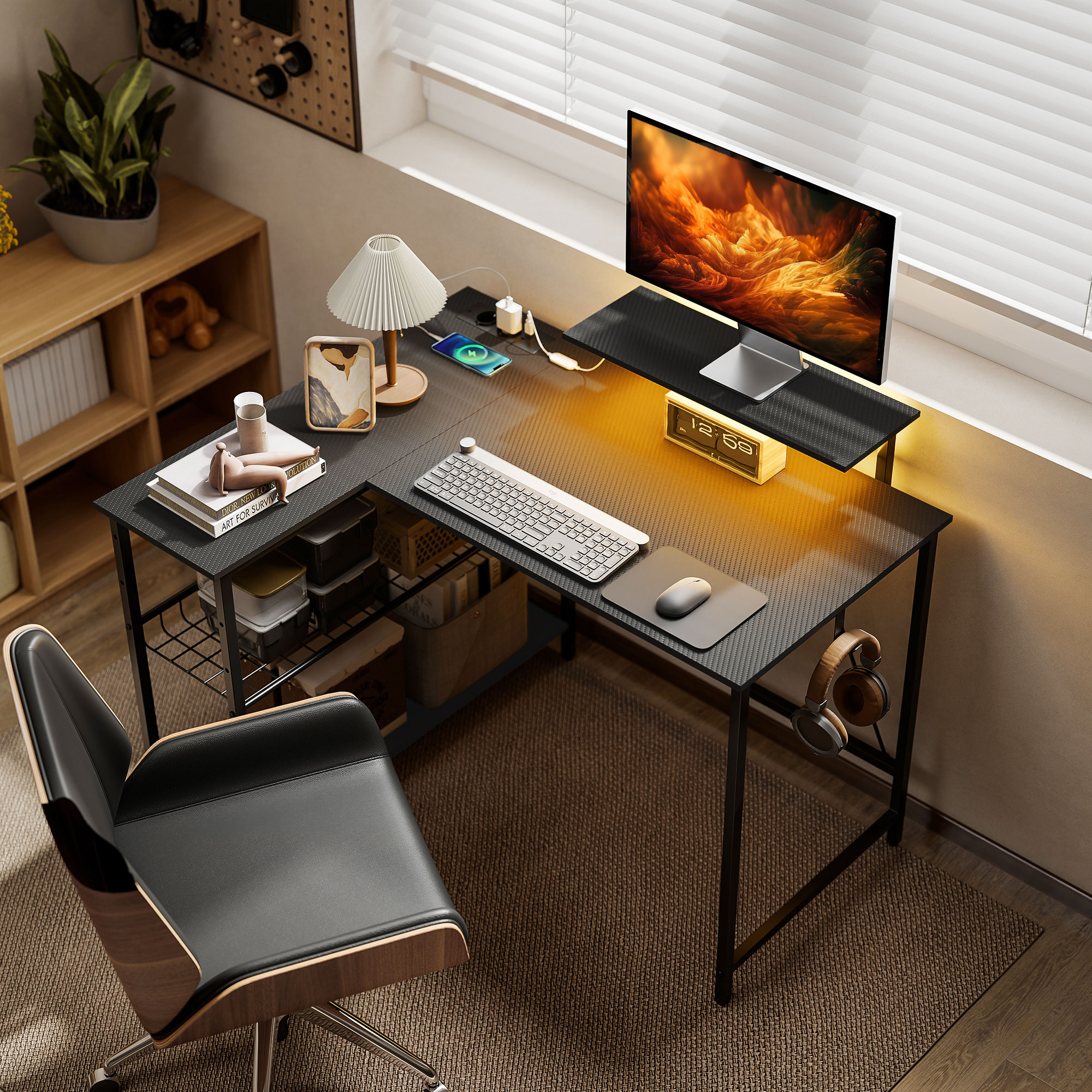  Birou Gaming Coltar cu LED, Prize Electrice, Suport pentru Monitor si Raft, Negru [8]