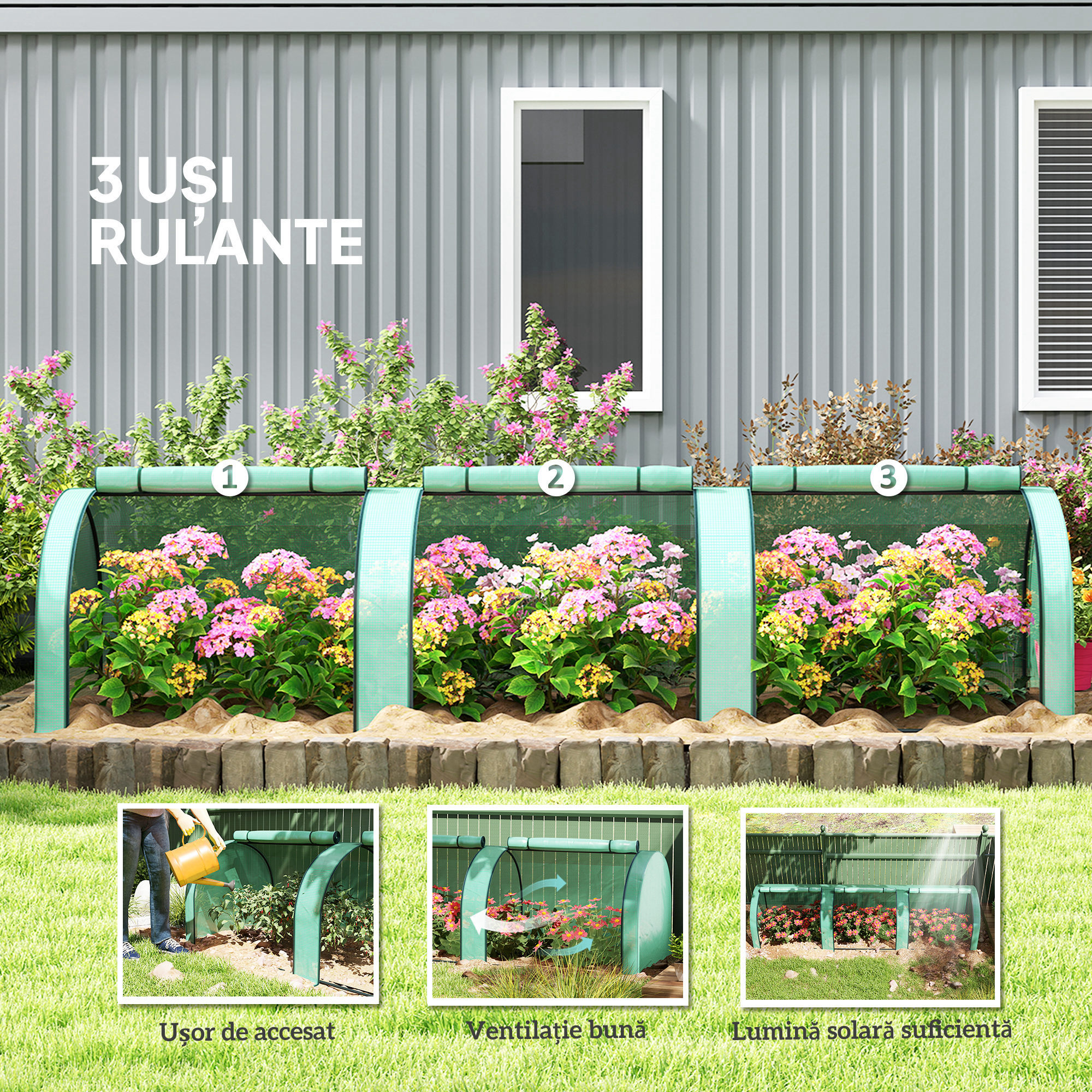  Sera de Gradina Tip Tunel din Otel si Plastic PP cu Usi Rulabile, 3x1x0,8 m, Verde [5]