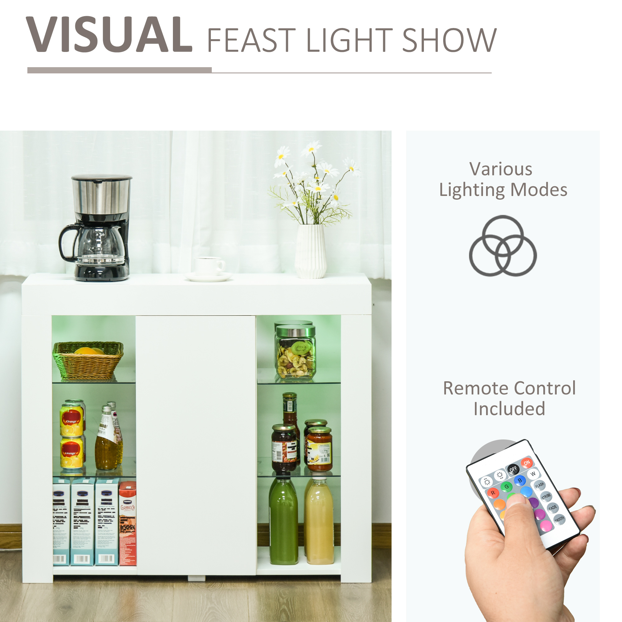  Bufet Modern cu Usa si lumini LED cu Finisaj Lucios si Rafturi din Sticla [5]