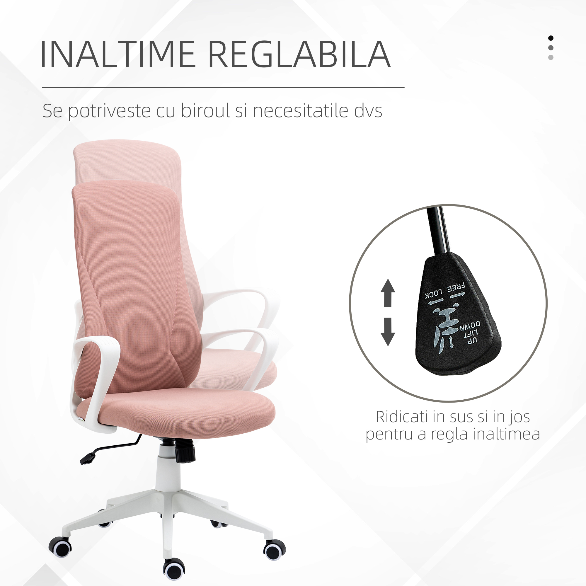  Scaun de birou ergonomic si captusit, cu inaltime ajustabila si balans, 62x56x110-119,5 cm, roz [3]