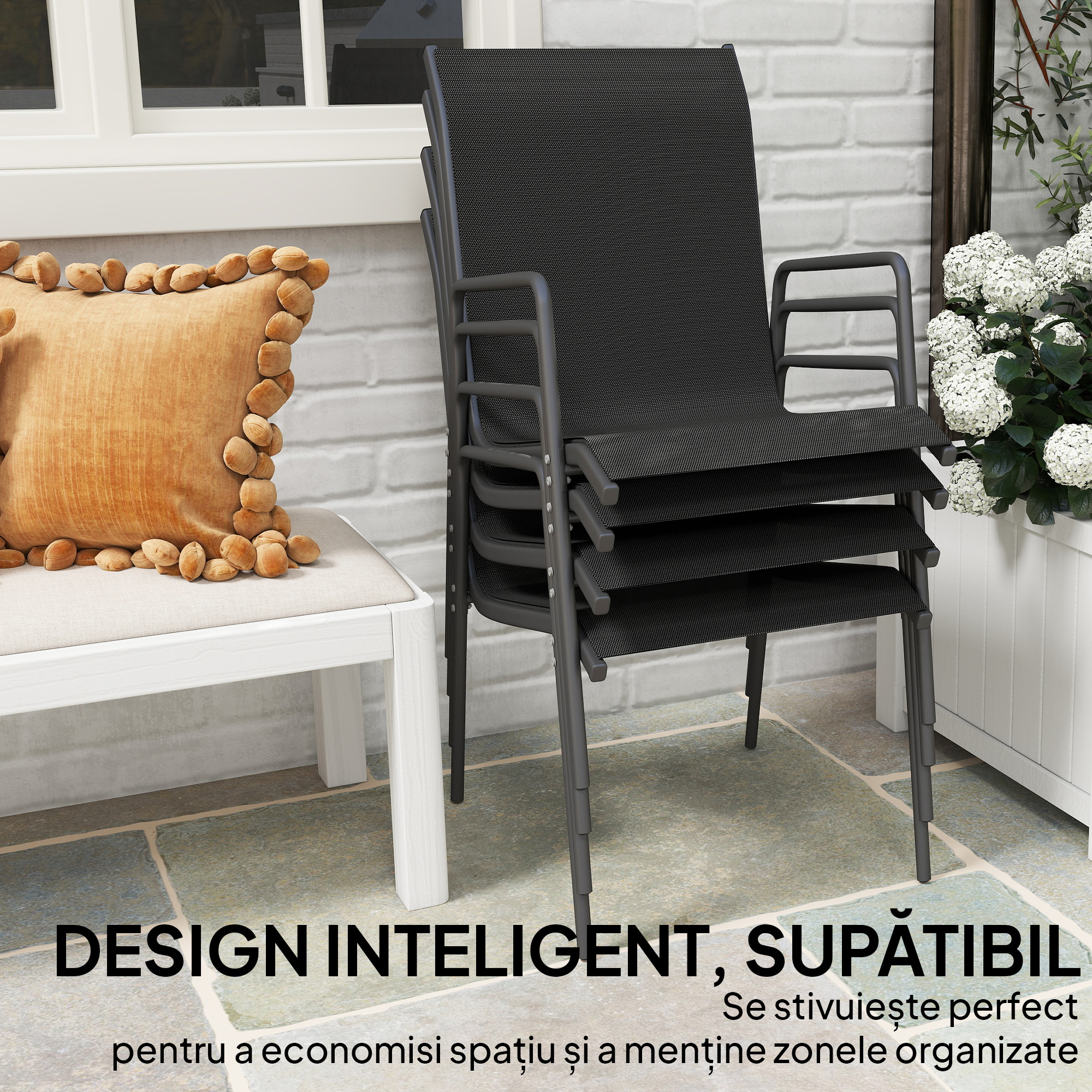  Set 4 Scaune Empilabile si Respirabile cu Spatar inalt si Cotiere, din Metal si Poliester, 51L x 69P x 87i cm, Negru [5]