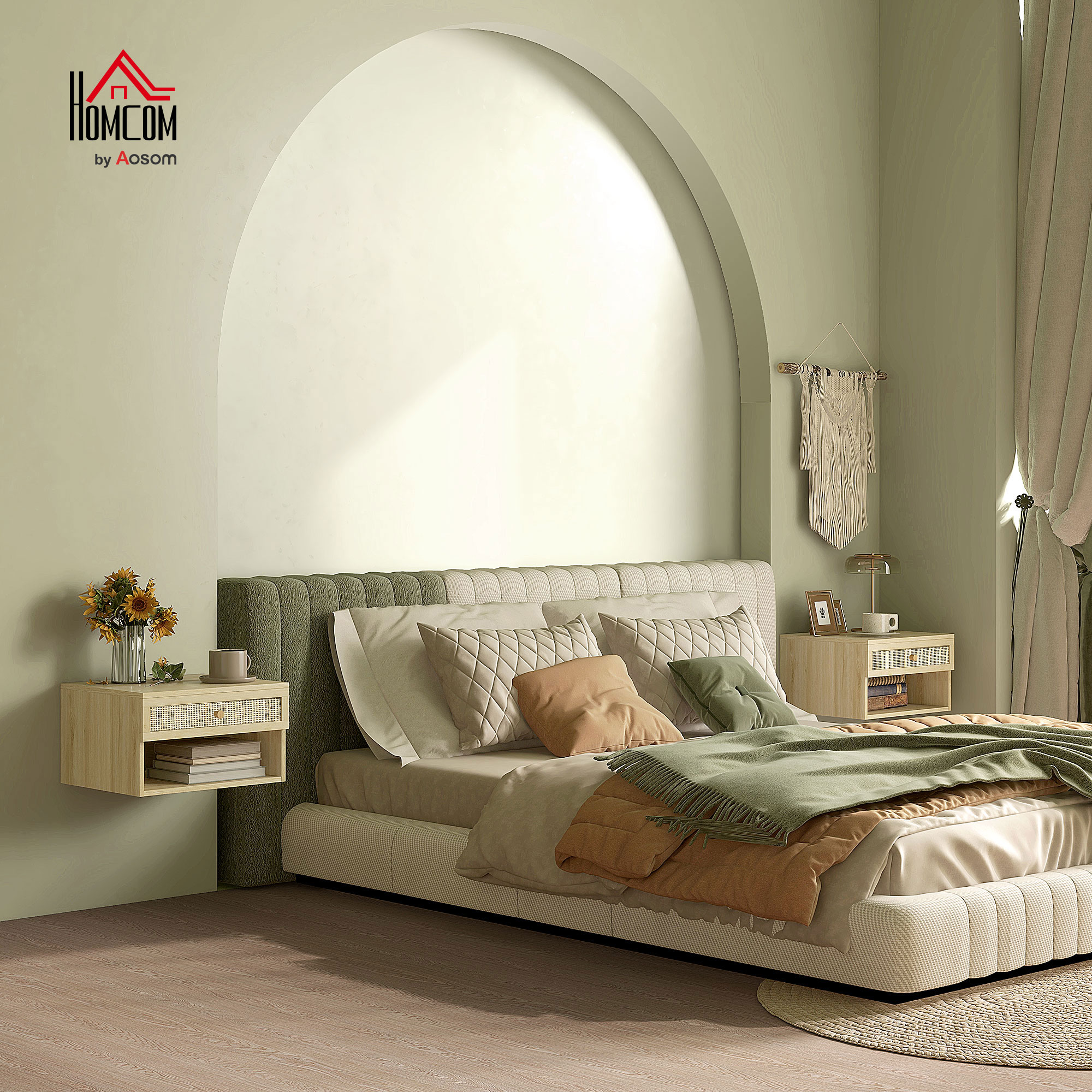  Set 2 noptiere cu sertar si rafturi deschise, stil Boho, din PAL si ratan, 40x34x23 cm [1]