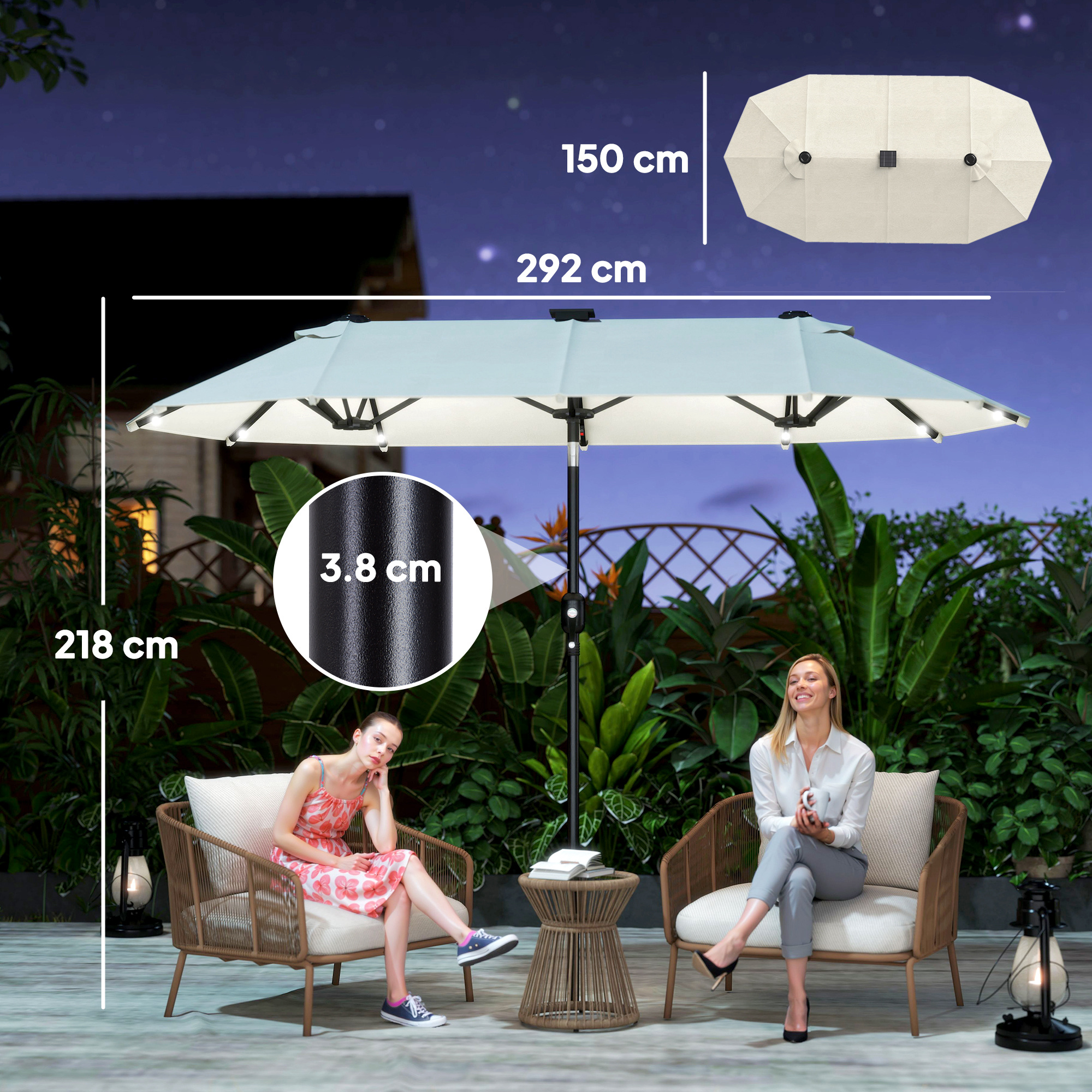  Umbrela Dubla cu Lumini LED si Manivela, din Poliester si Otel, 2.92x1.5x2.2 m, Bej [2]