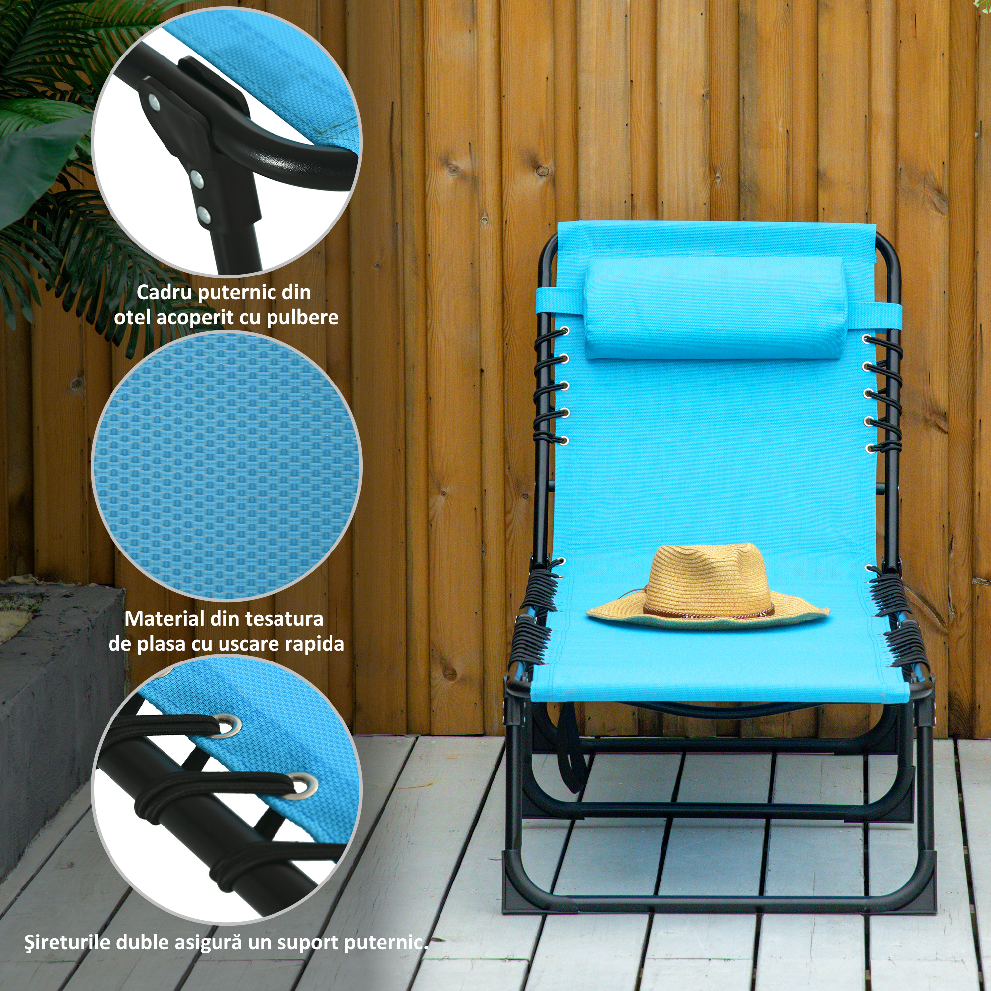  sezlong Pliabil cu Spatar Reglabil, Cadru din Otel si Material Textil Tip Plasa, 189x58x30 cm, Albastru [5]