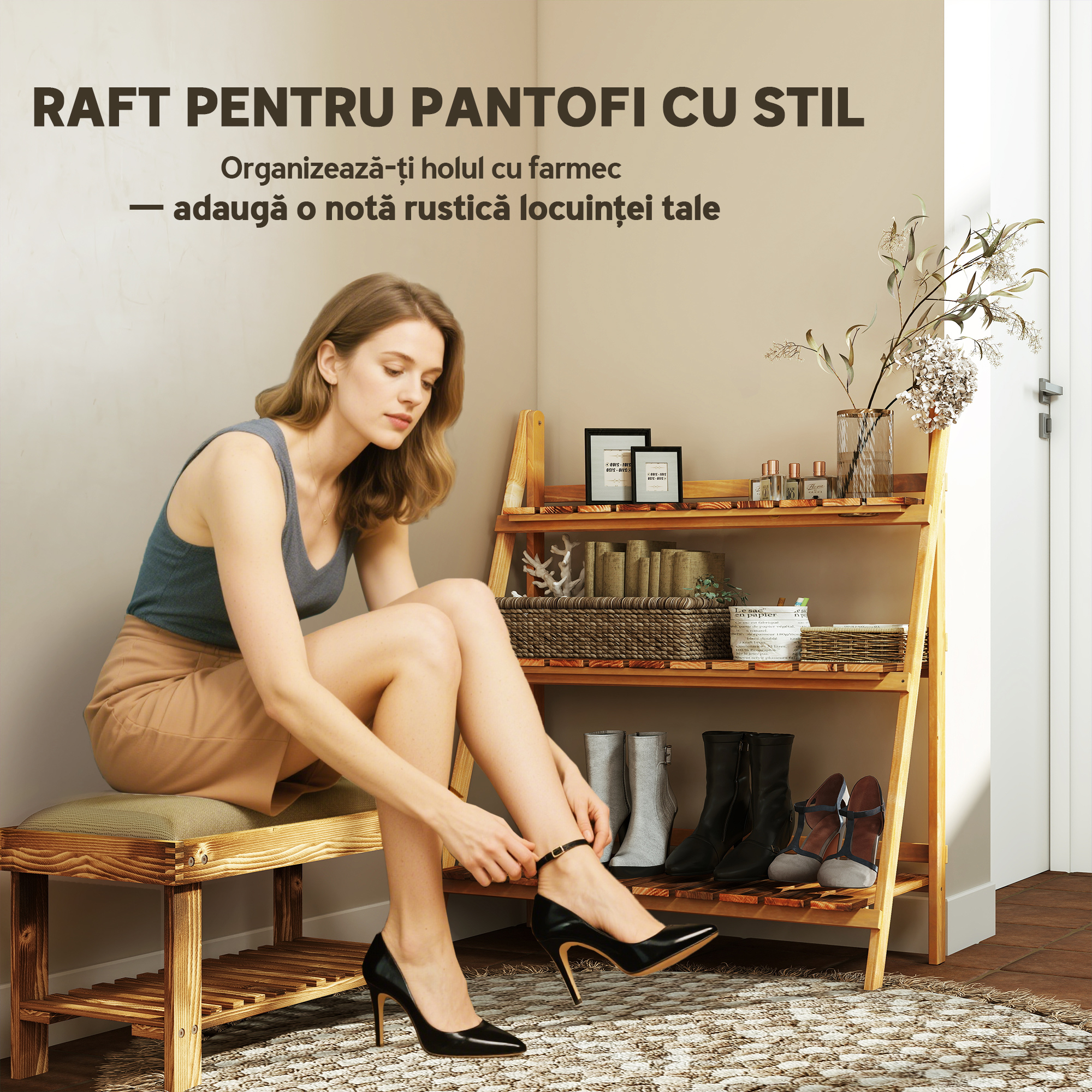  Suport pentru Plante Pliabil, Jardiniera cu 3 Niveluri, Raft de Exterior pentru Plante, 80x37x93 cm, Lemn Natural [6]