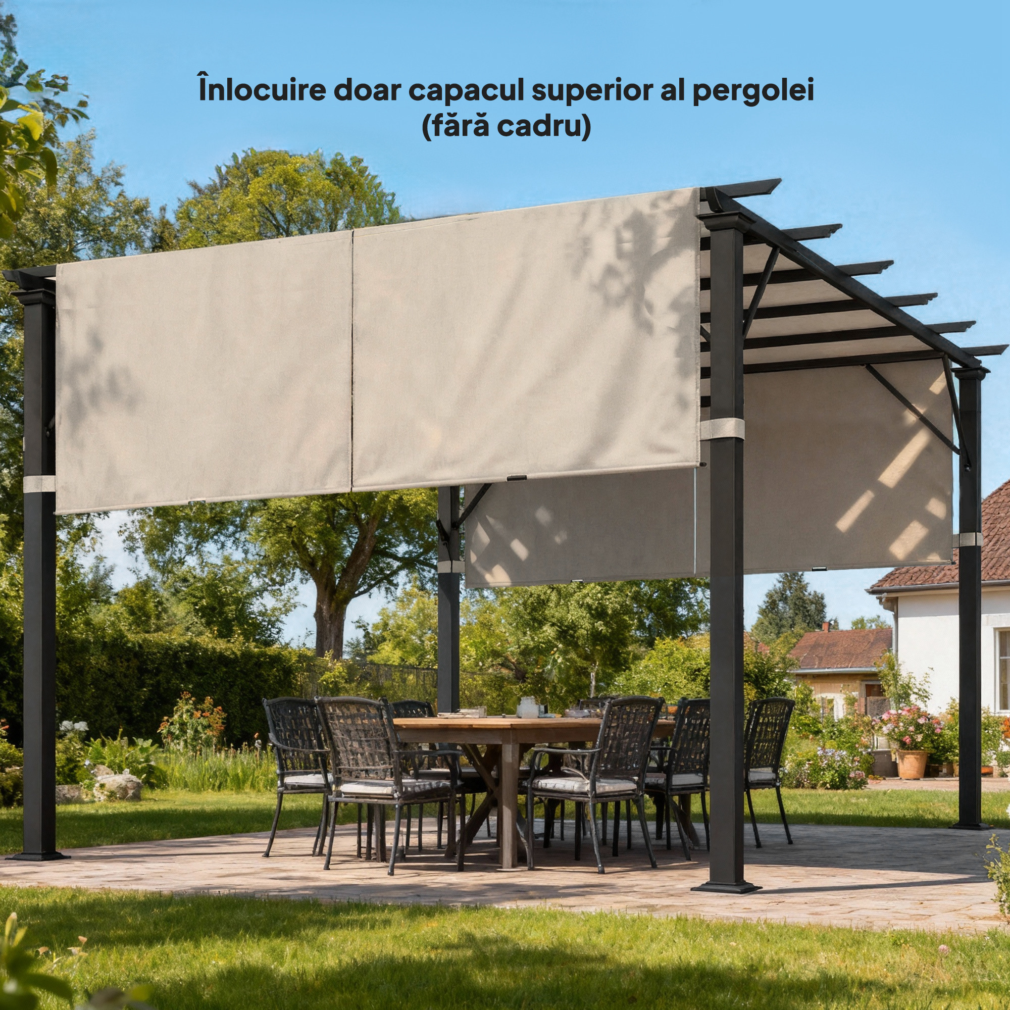  Copertina pentru Pergola 3x3 m din Poliester cu Buzunare si Benzi, 548x122 cm, Bej [8]