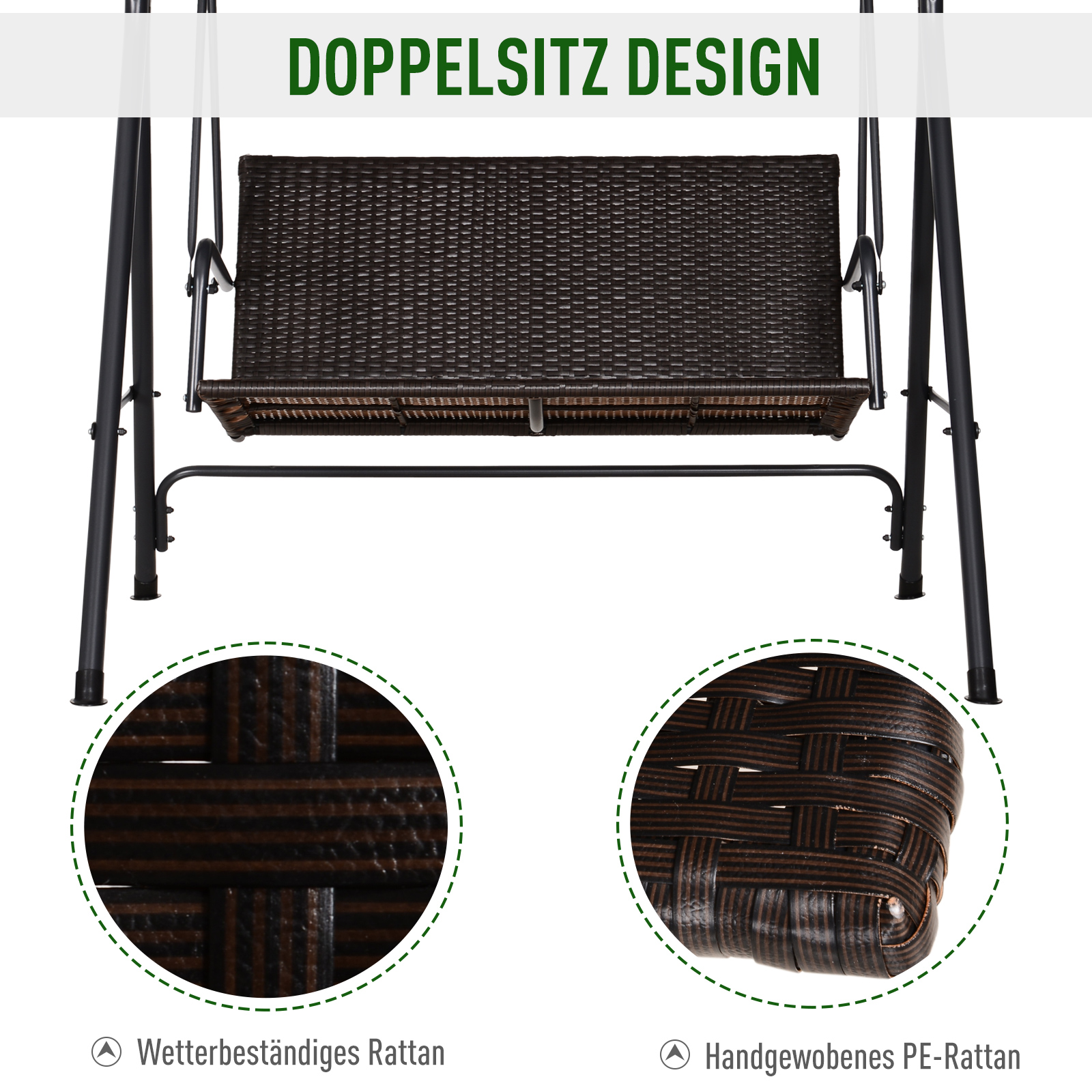  Leagan de Gradina cu 2 Locuri si Acoperis Reglabil, 140x110x151 cm, Maro si Gri [4]