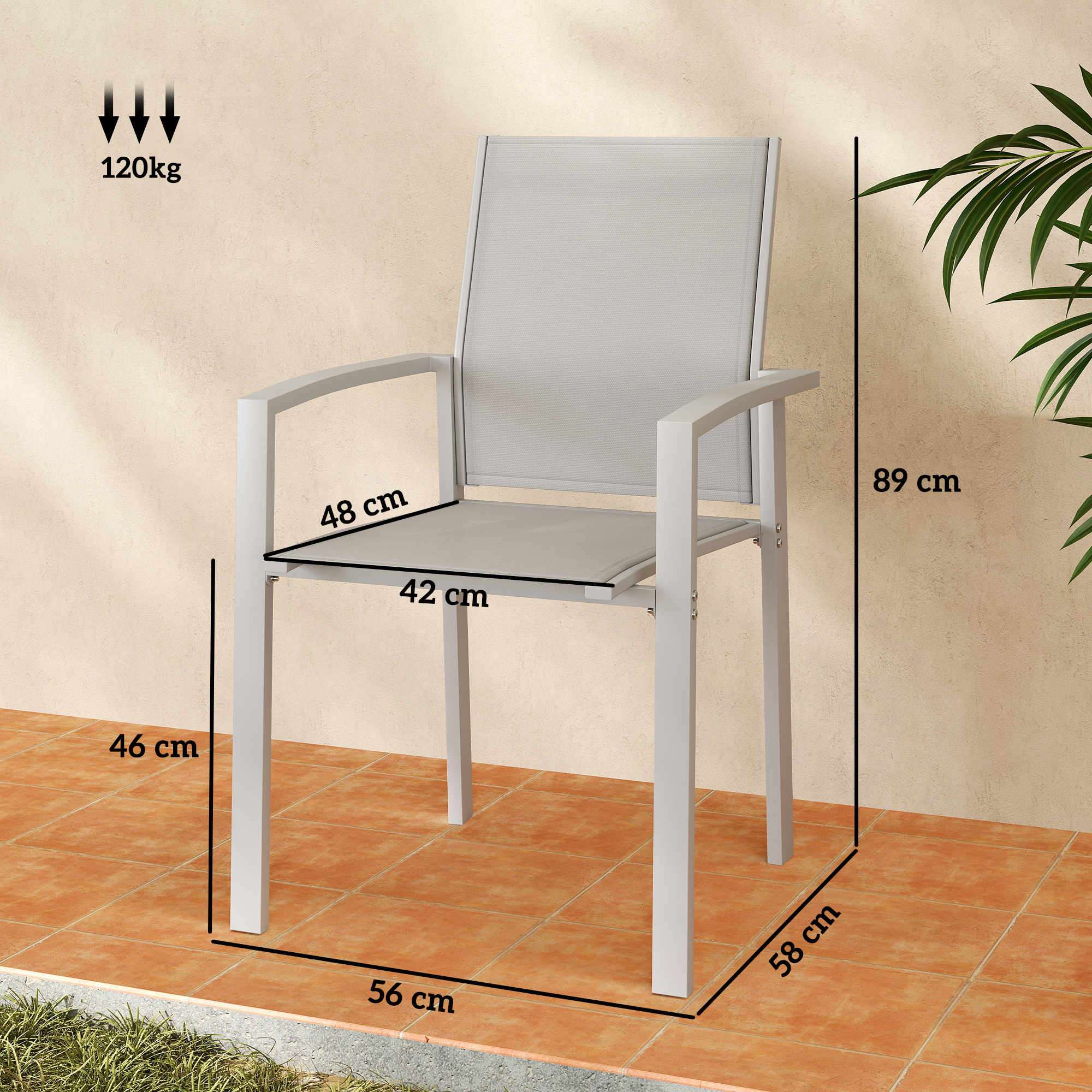  Set de 2 Scaune de Gradina cu Cadru din Aluminiu, Plasa Respirabila si Cotiere, 56x58x89 cm, Gri Deschis [2]