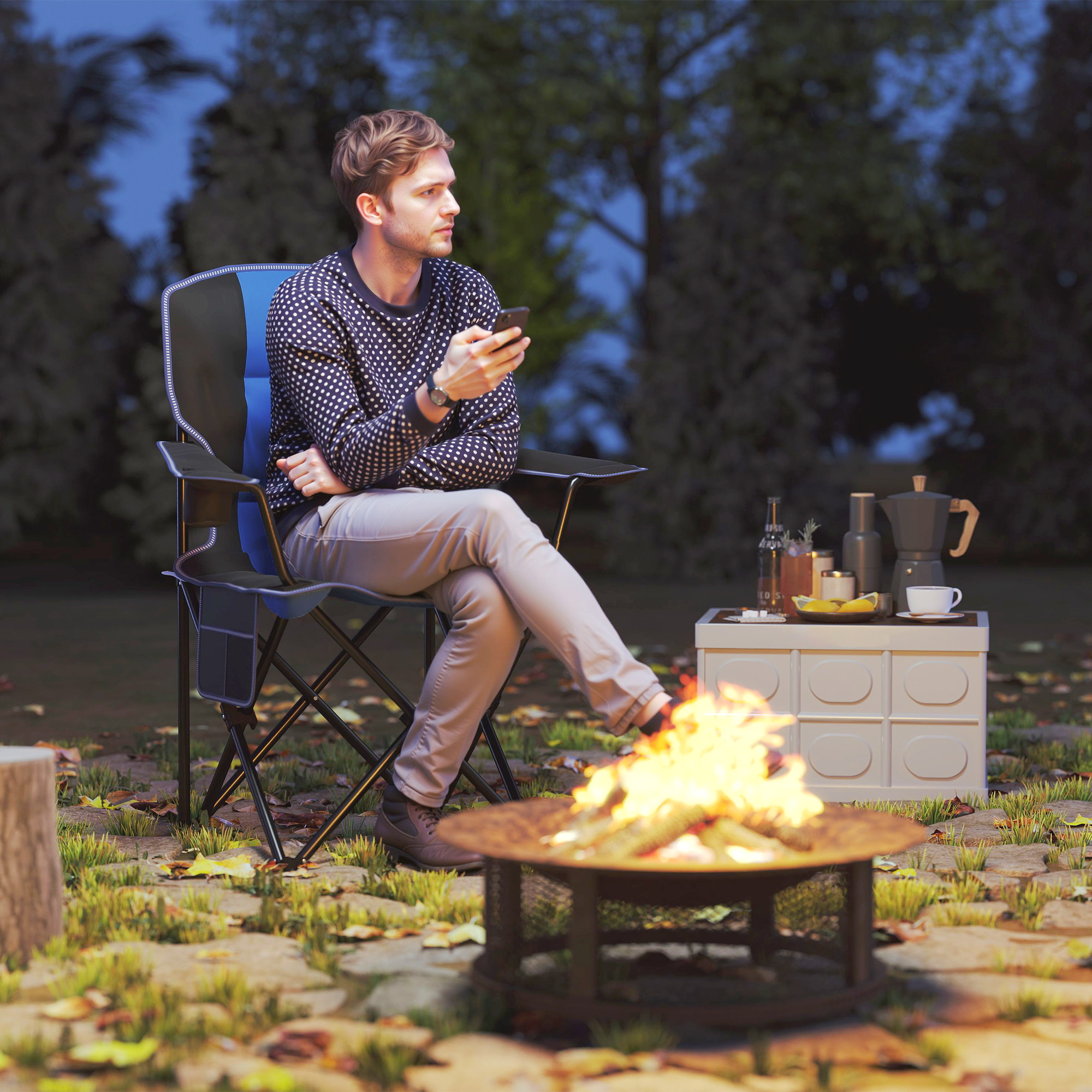  Scaun de Camping Pliabil cu Buzunar si Suport pentru Pahar, 94x62x110 cm, Albastru [1]