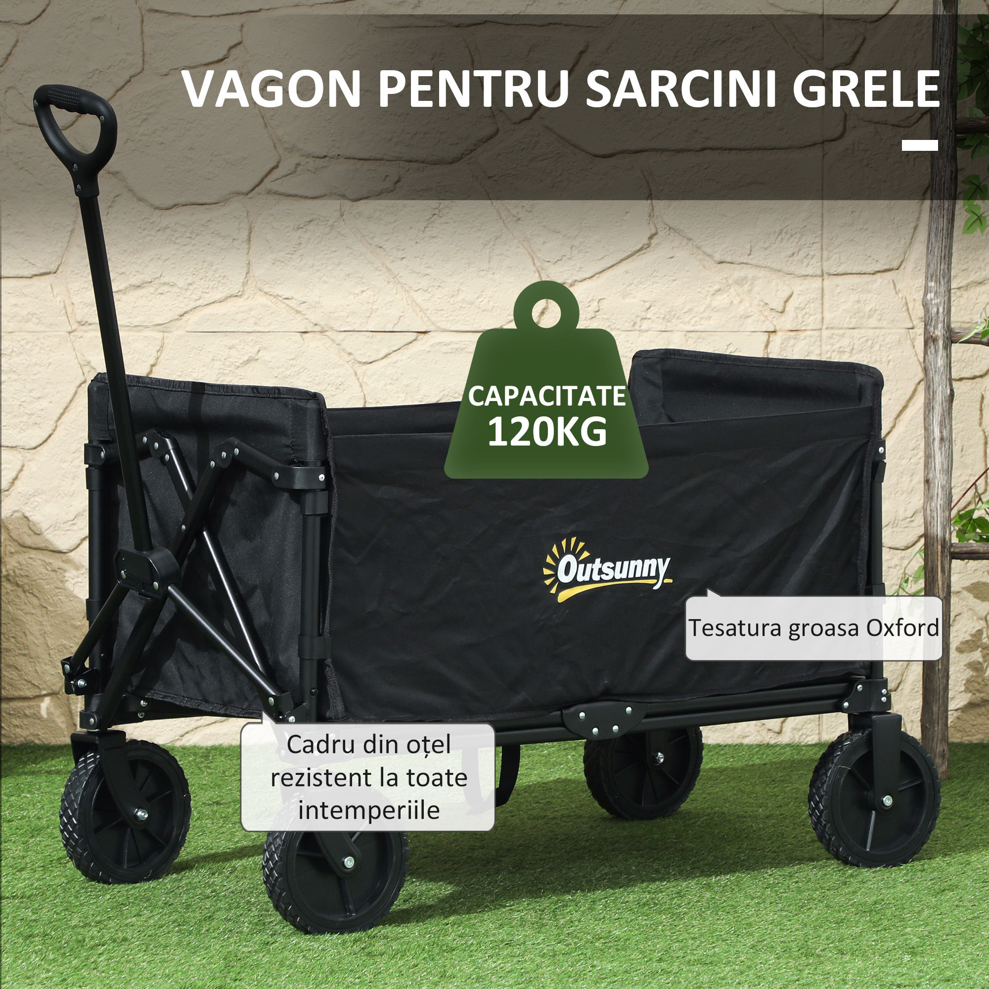  Carucior Pliabil pentru Gradina cu Roti si Maner Reglabil,  90x48x62 cm, Negru [4]