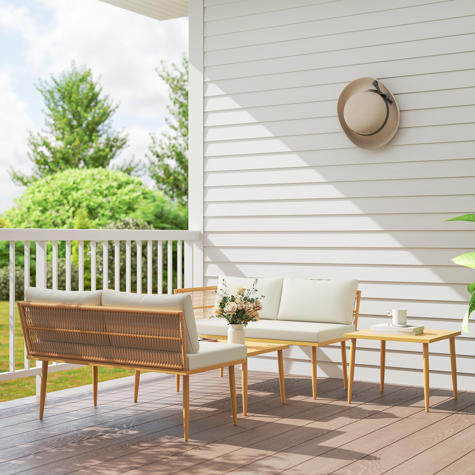  Set Mobilier de Exterior din Ratan PE cu 2 Canapele de 2 Locuri cu Perne si 2 Mese de Cafea, Culoare Lemn [7]