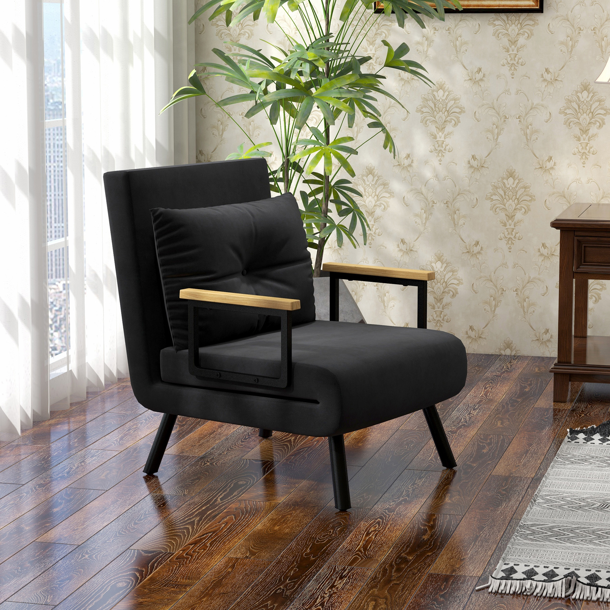  Fotoliu Pat 3 in 1 cu Spatar Reglabil in 5 Pozitii si Perna, 63x73x81 cm, Negru [1]